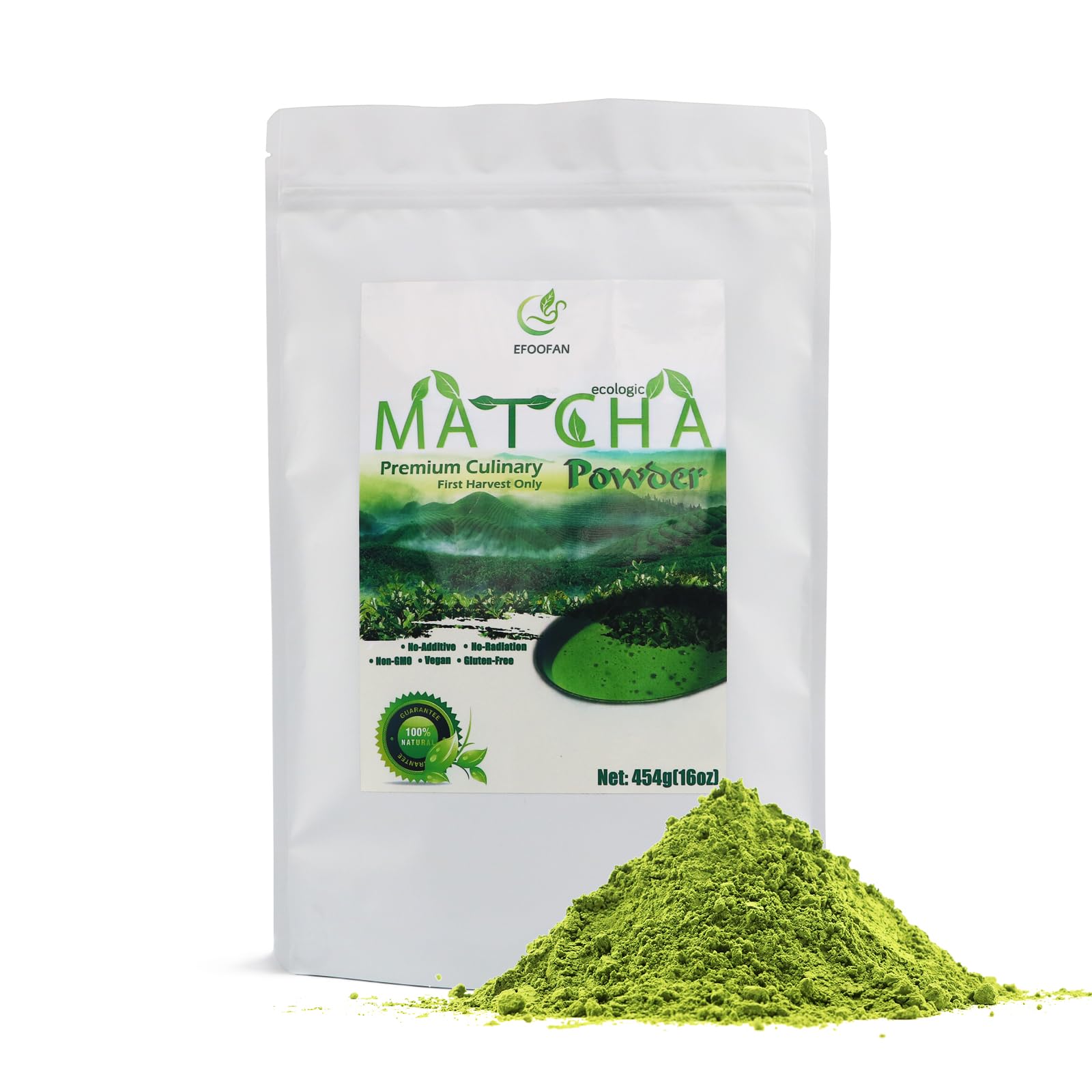 EFOOFAN Matcha Green Tea Powder - Premium Culinary Grade (1lb/16oz) - Rich Tencha Flavor, Antioxidant Polyphenols, Non-GMO, Gluten Free, Naturally Caffeined, Additives Free
