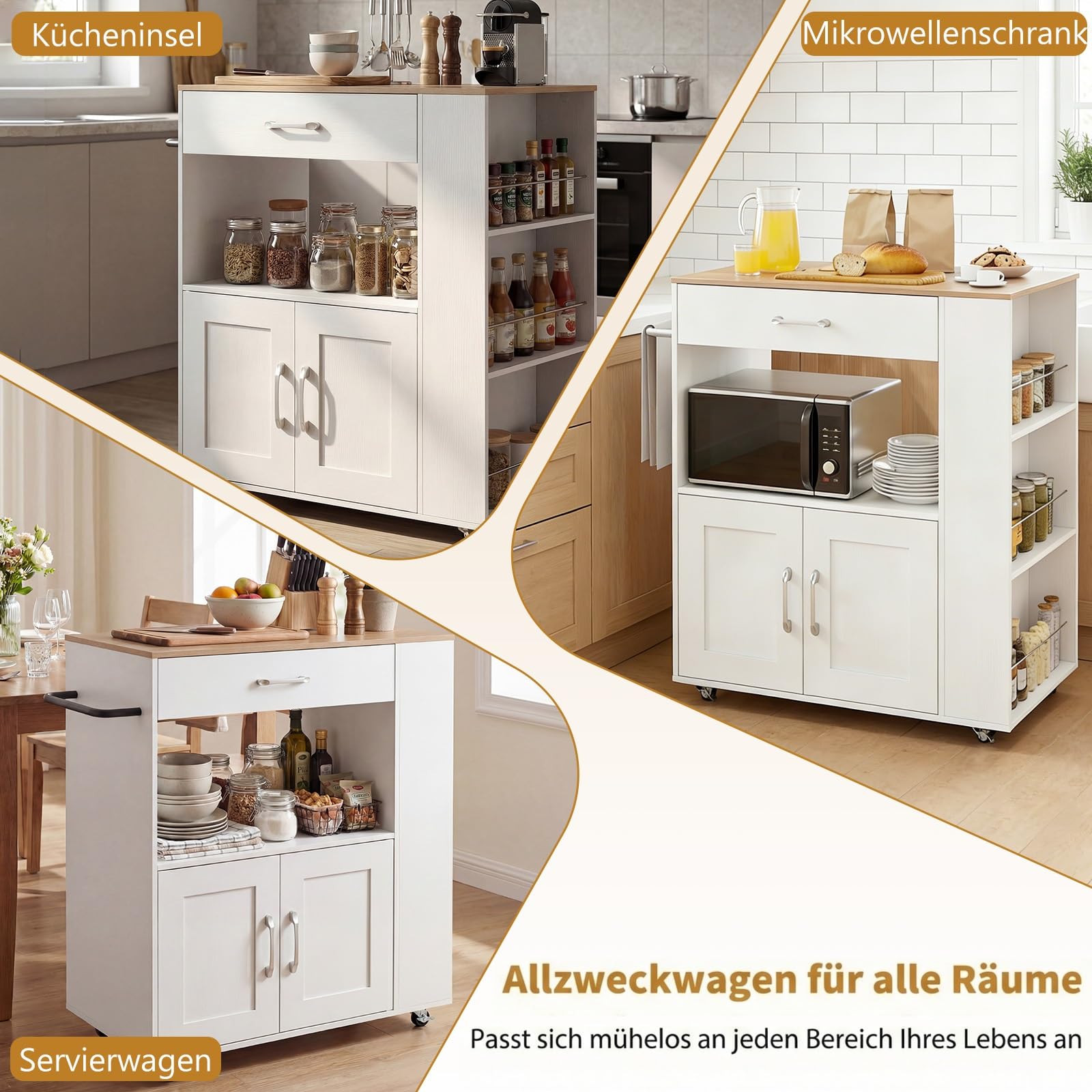 GIANTEX Küchenwagen mit Rollen, Servierwagen mit Arbeitsplatte, 75x46x90,5 cm, Weiß