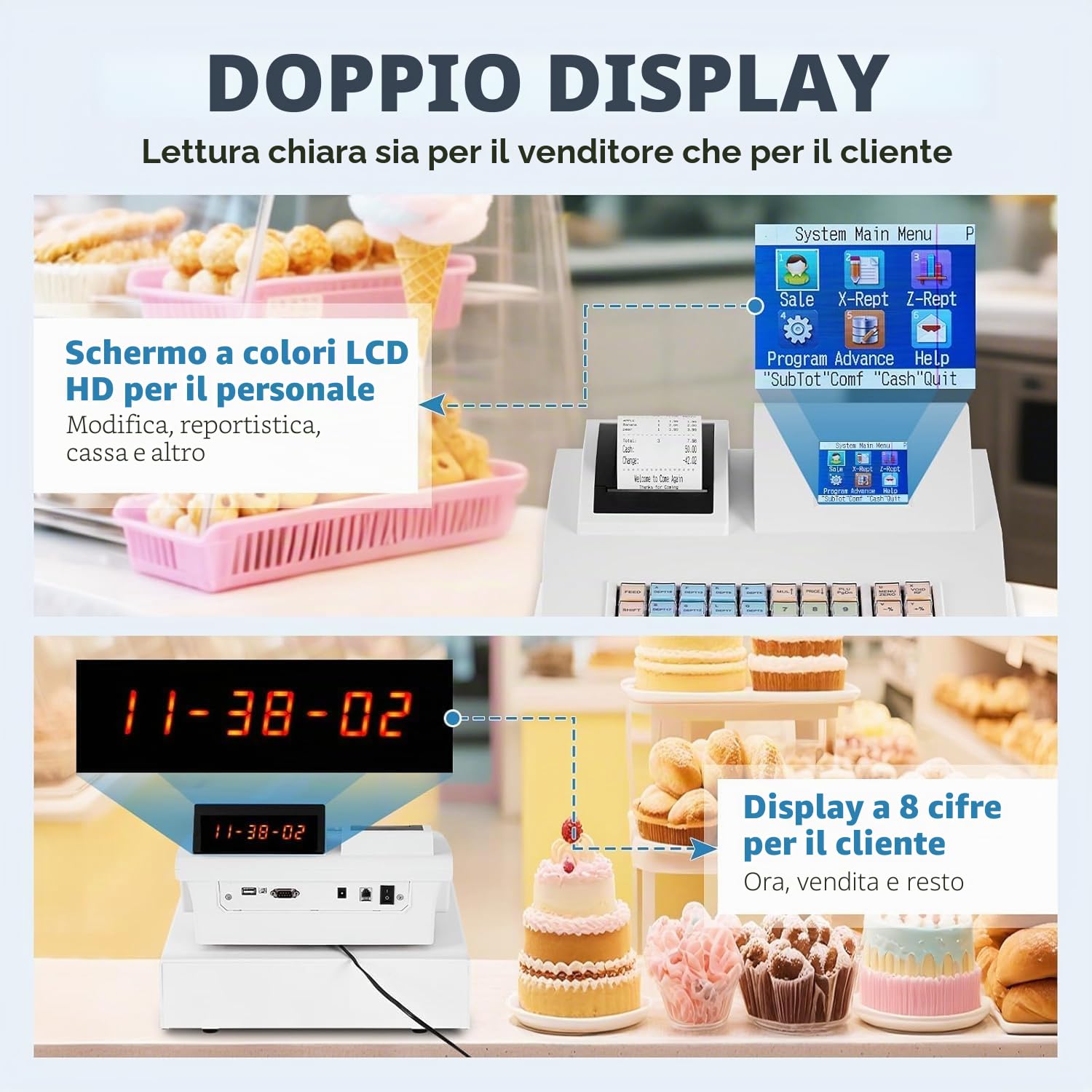 MABAOHENG Registratore di cassa elettronico Sistema di inglese, Cassa per il commercio LED display clienti con cassetto contanti, 3 rotoli di stampa termica da 58 mm, Sistema di cassa al dettaglio