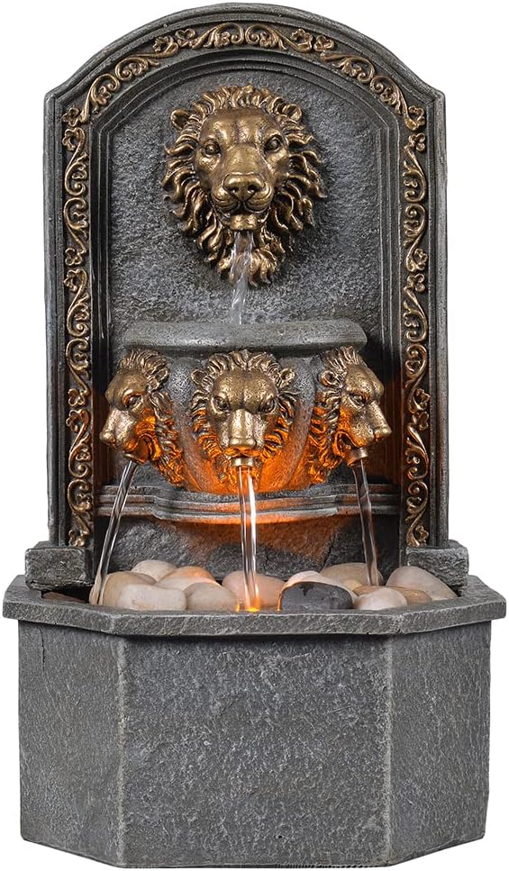 GOSSI 10.3 Inches Tall Tabletop Fountain Classic Lion Head Polyresin Indoor Zen Waterfall Fountain w/Cobblestone Soothing Sounds for Office and Home Decor