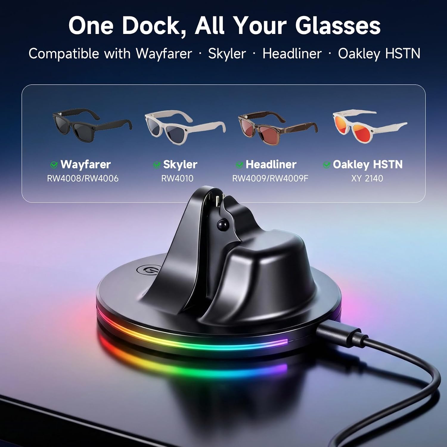 Charging Dock is Compatible with Ray Ban Meta Wayfarer/Skyler/Headliner/Oakley HSTN Smart Glasses with LED Power Status Light, Black