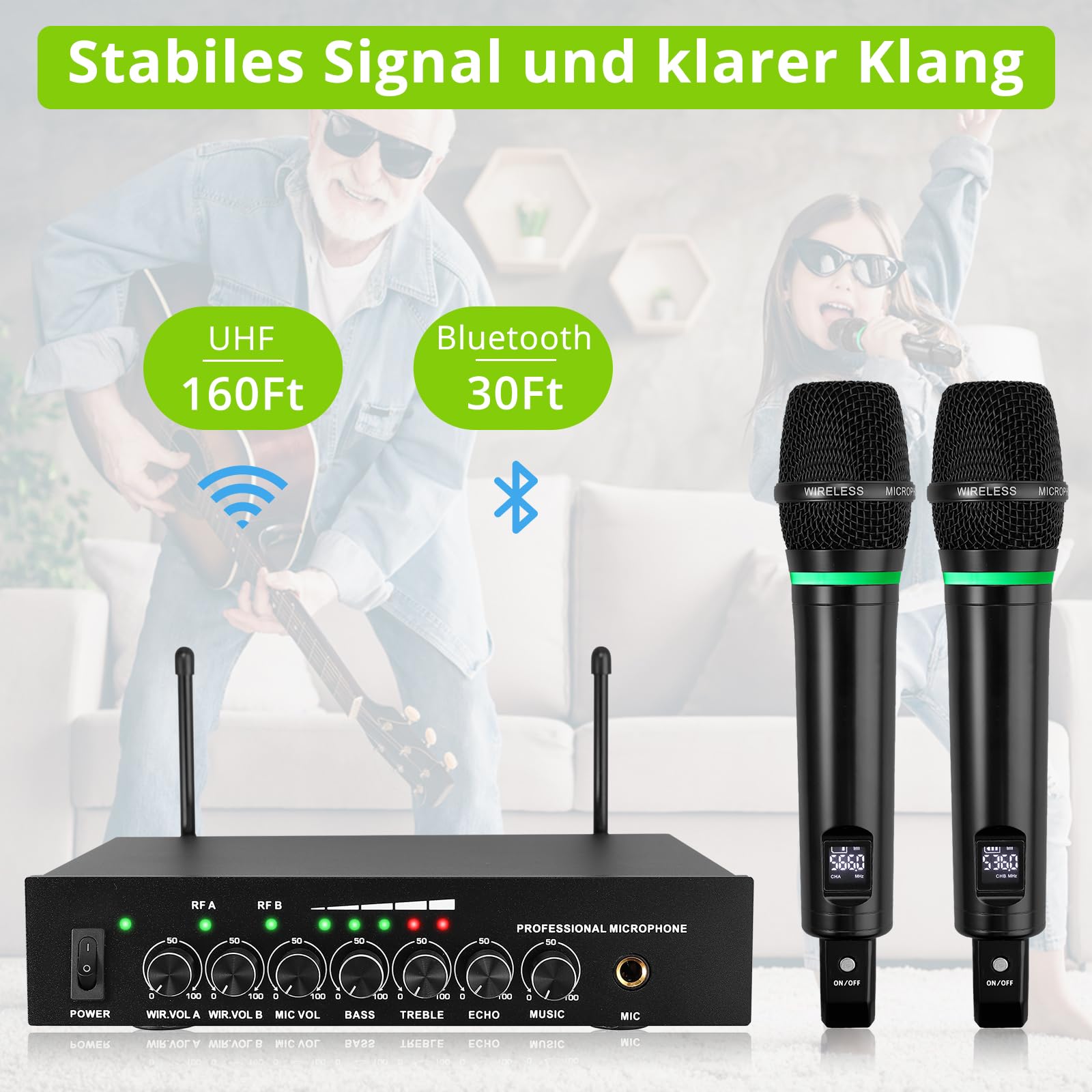 LiNKFOR Drahtloses Mikrofon UHF-Wiederaufladbares Bluetooth 5.0 Dual Handheld Metall Mikrofonsystem Kabellos, Eingang/Ausgang, 6,35mm Ausgang für Karaoke-Maschine, Mixer, Soundbar