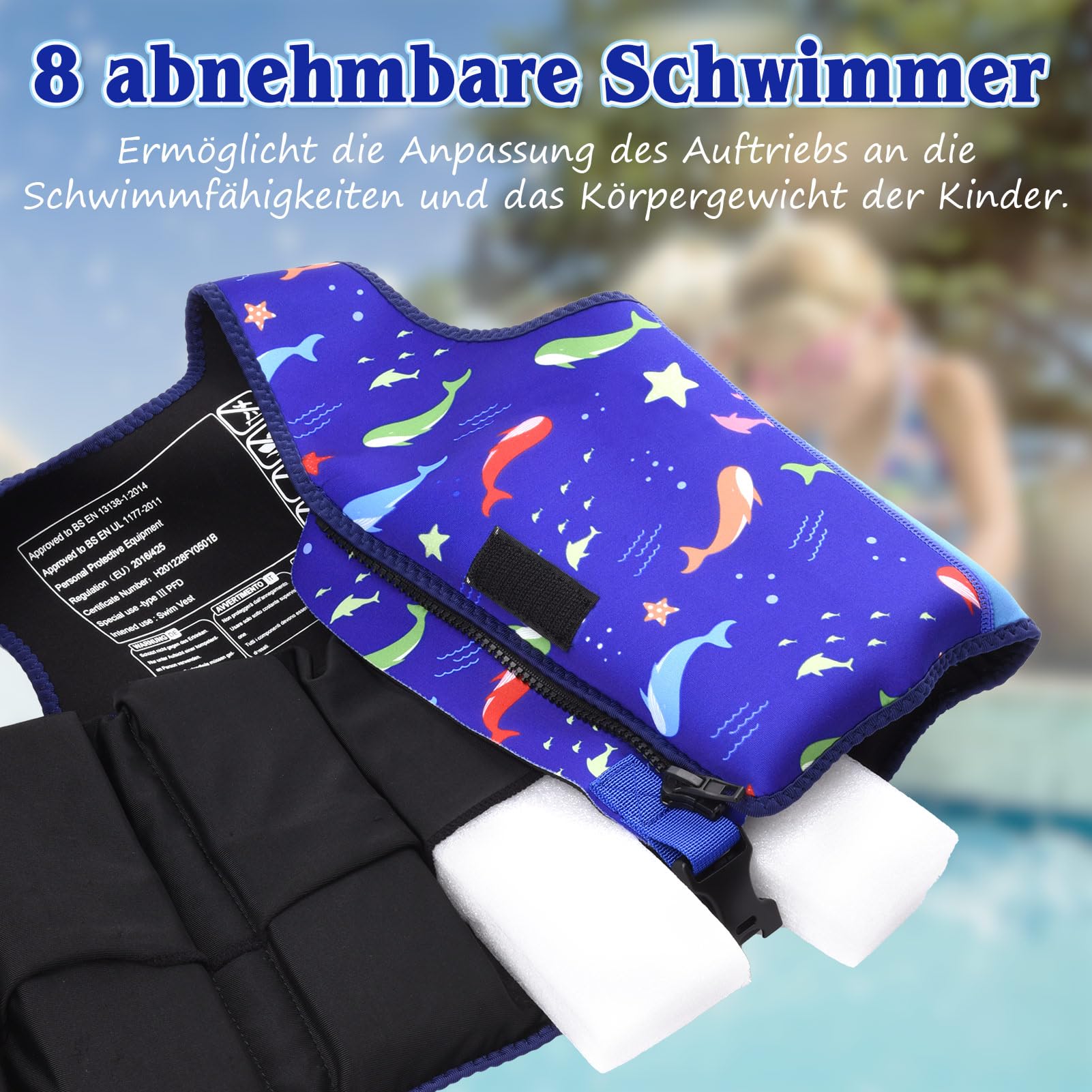 Nigecue Hochwertige Schwimmweste aus Neopren, ideale Schwimmhilfe für Baby Kinder Jungen und Mädchen, Verstellbarem Schrittgurt, inkl. Kordelzugtasche