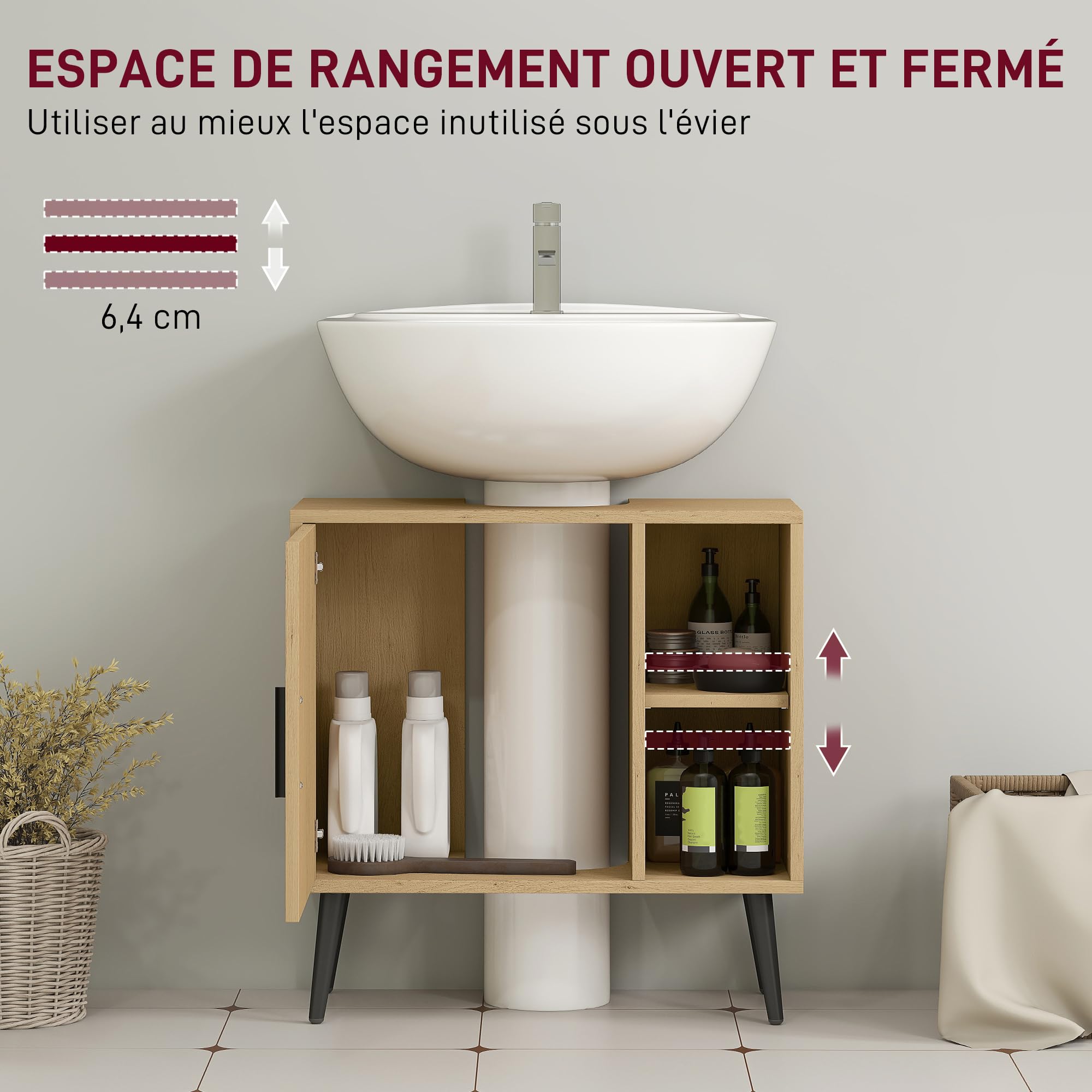 HOMCOM Meuble sous lavabo Salle de Bain, Meuble sous Vasque Industriel avec Porte à Fermeture Progressive et étagère réglable, 60 x 30 x 59,5 cm, chêne