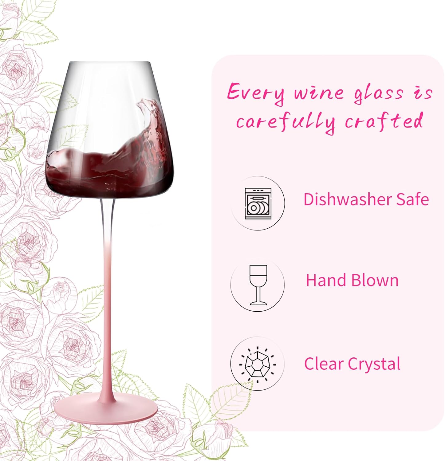 Crystal Wine Glasses Set of 2 with Gift Box. Dishwasher Safe. 20oz Large pink Wine Glasses with Long Stem for Women.Hand-Blown,Thin Rim. Gift for Wife,Girlfriend,Mom.Unique & Modern Design