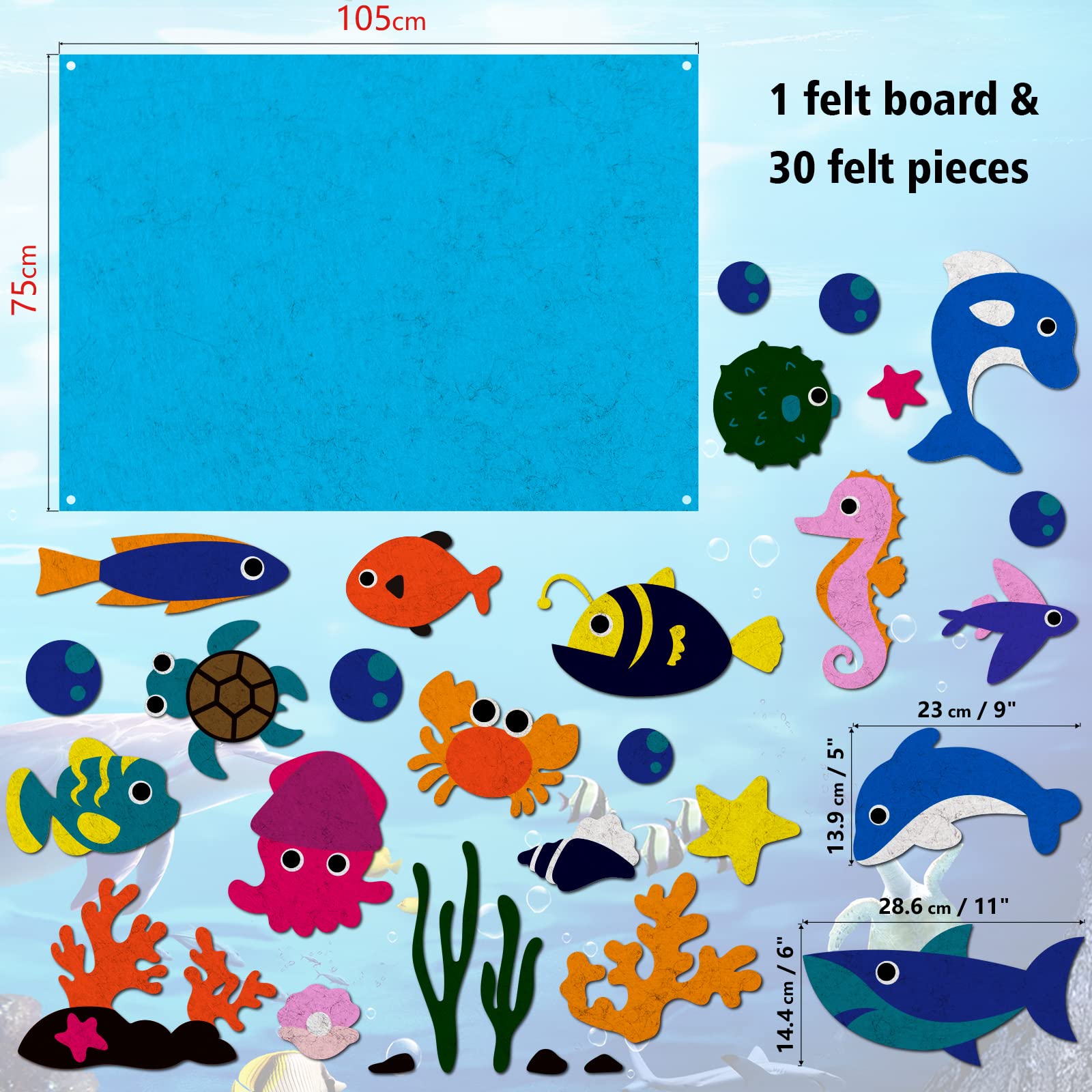 INFUNLY Ocean Felt Board Story Set 30pcs Sea Animal Flannel Felt Board Shark Octopus Figure Play Set Felt Board for Classroom Birthday Gift Early Learning Interactive Play Kits