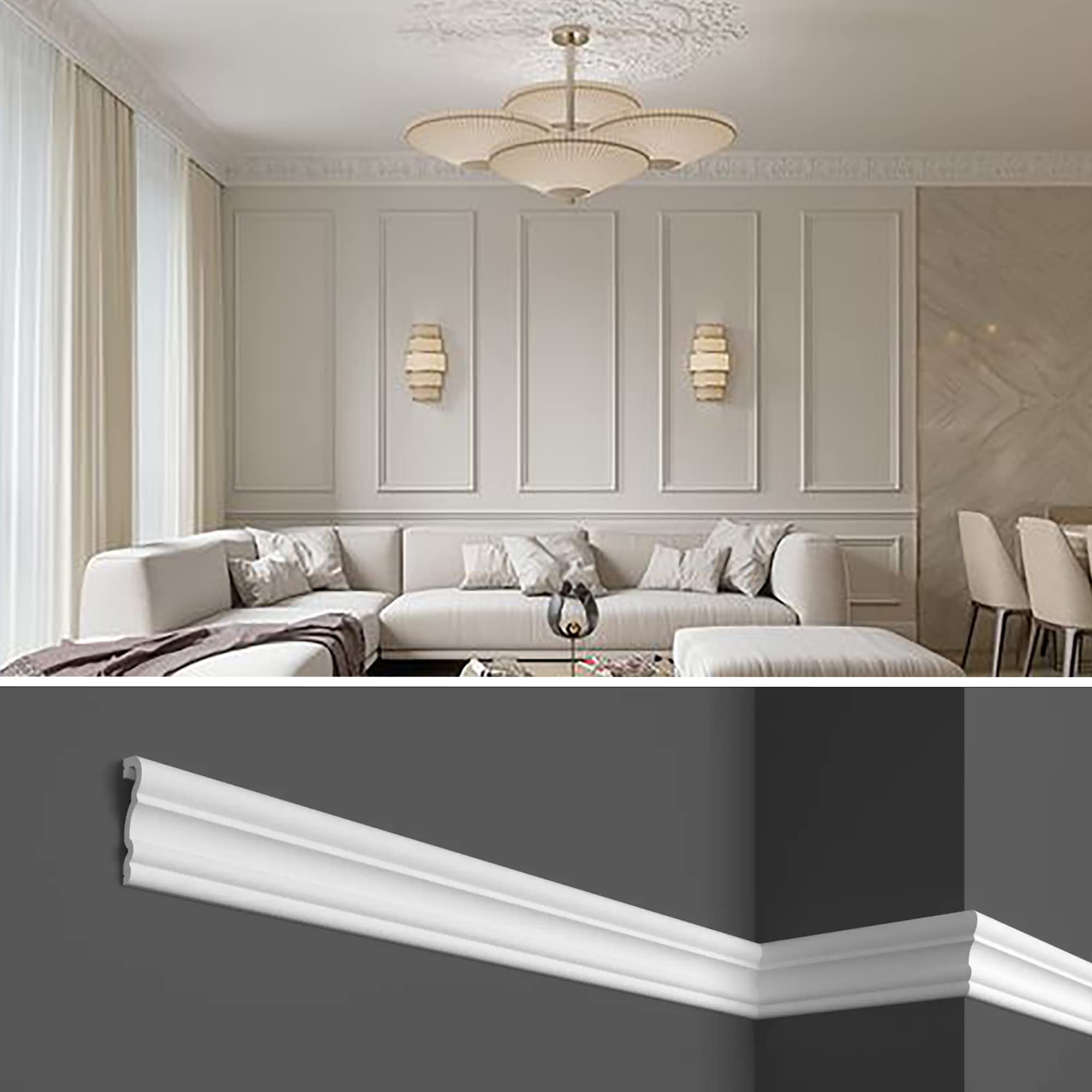 Cornici boiserie per parete, 12 metri, in duropolimero bianco robusto (meglio del polistirolo e gesso), da applicare a muro, 12 pezzi da 1 metro HCR524