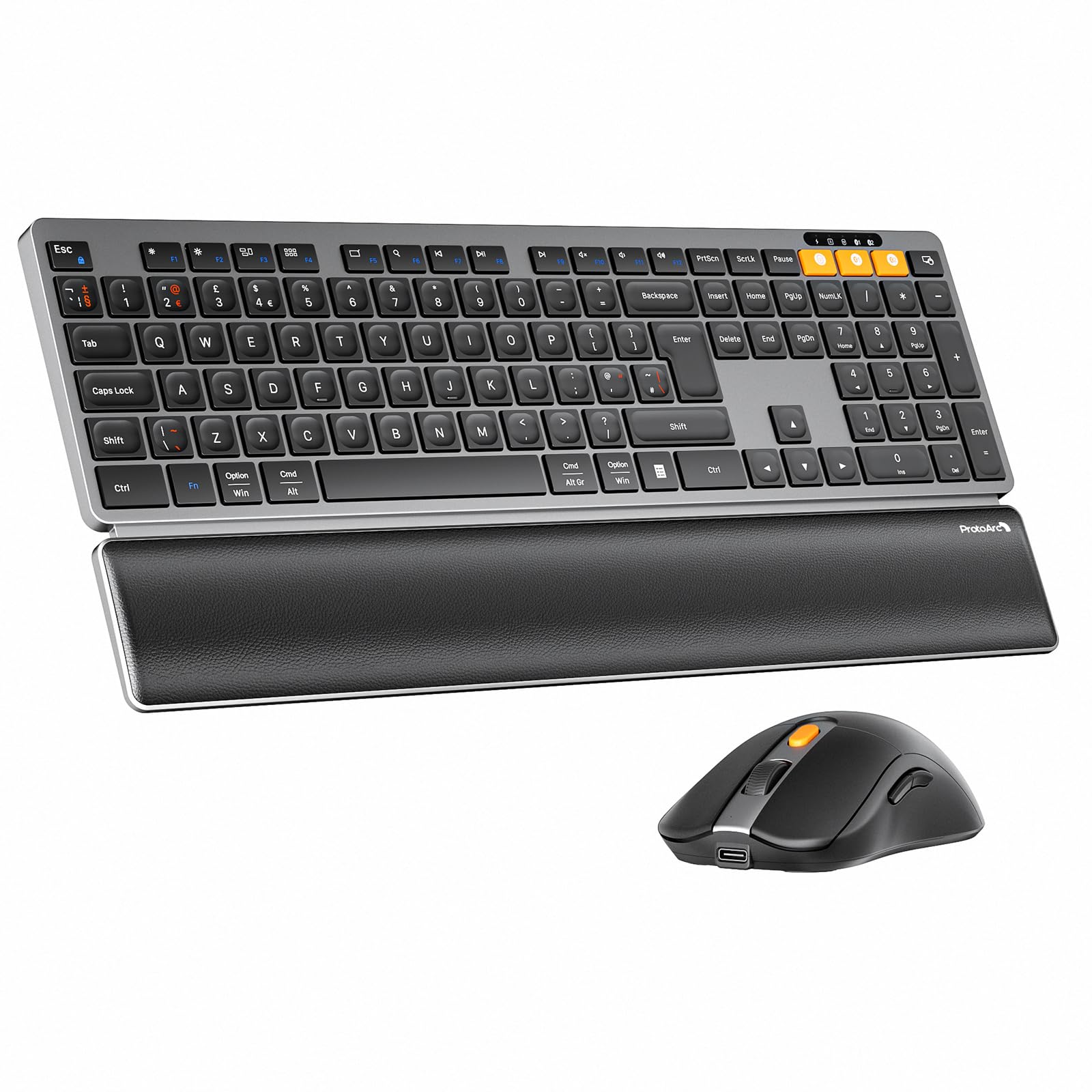 ProtoArc Teclado y mouse inalámbricos Bluetooth, teclado KM60 de tamaño completo con reposamuñecas, recargable, 2.4 GHz + Bluetooth dual, para laptop, PC, Mac, Windows, diseño QWERTY UK, gris espacial