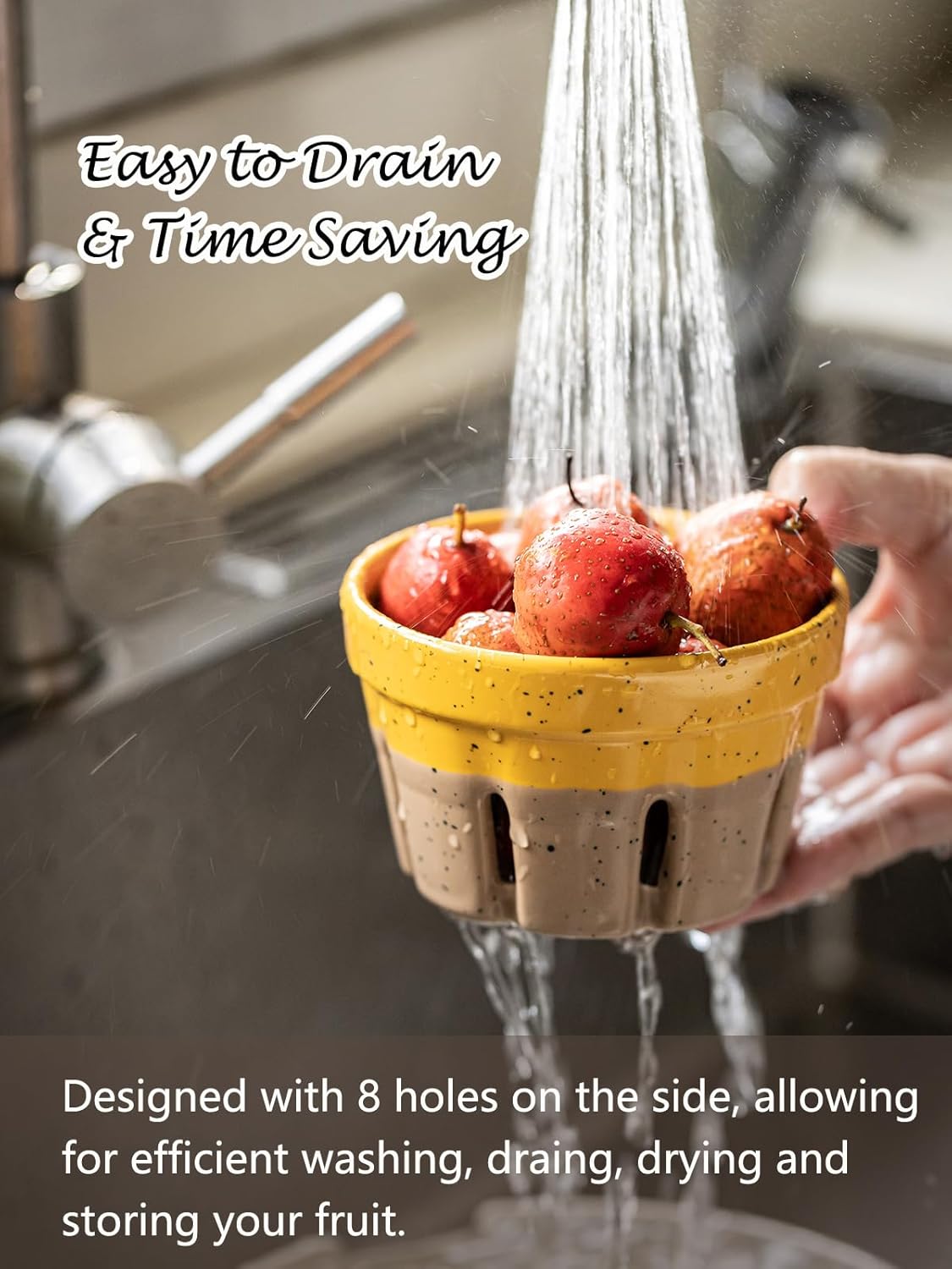 Gomakren Spoon Holder for Stove Top, Spatula Ladle Holder, Cute Coffee Spoon Rests & Ceramic Berry Basket Set of 2, Round Fruit Bowls with Holes, Rustic Fruit Basket Containers