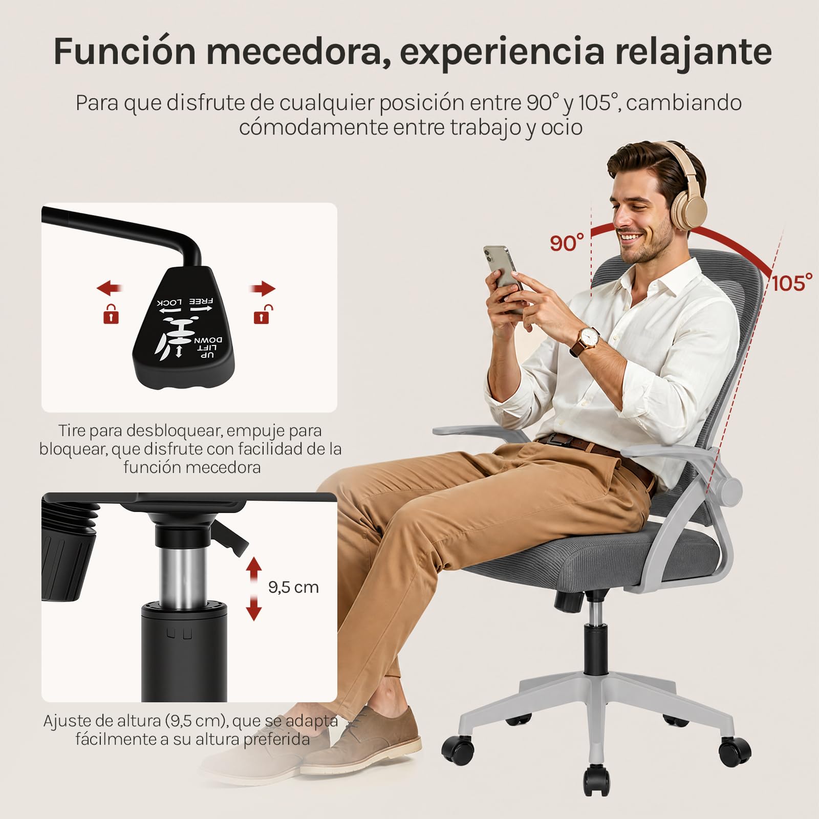 WOLTU Silla de Oficina Ergonómica, Silla de Escritorio, Gris | Soporte Lumbar y Ruedas, Función Oscilante y Giratoria de 360°, Altura y Reposabrazos Ajustable, para Estudio u Oficina