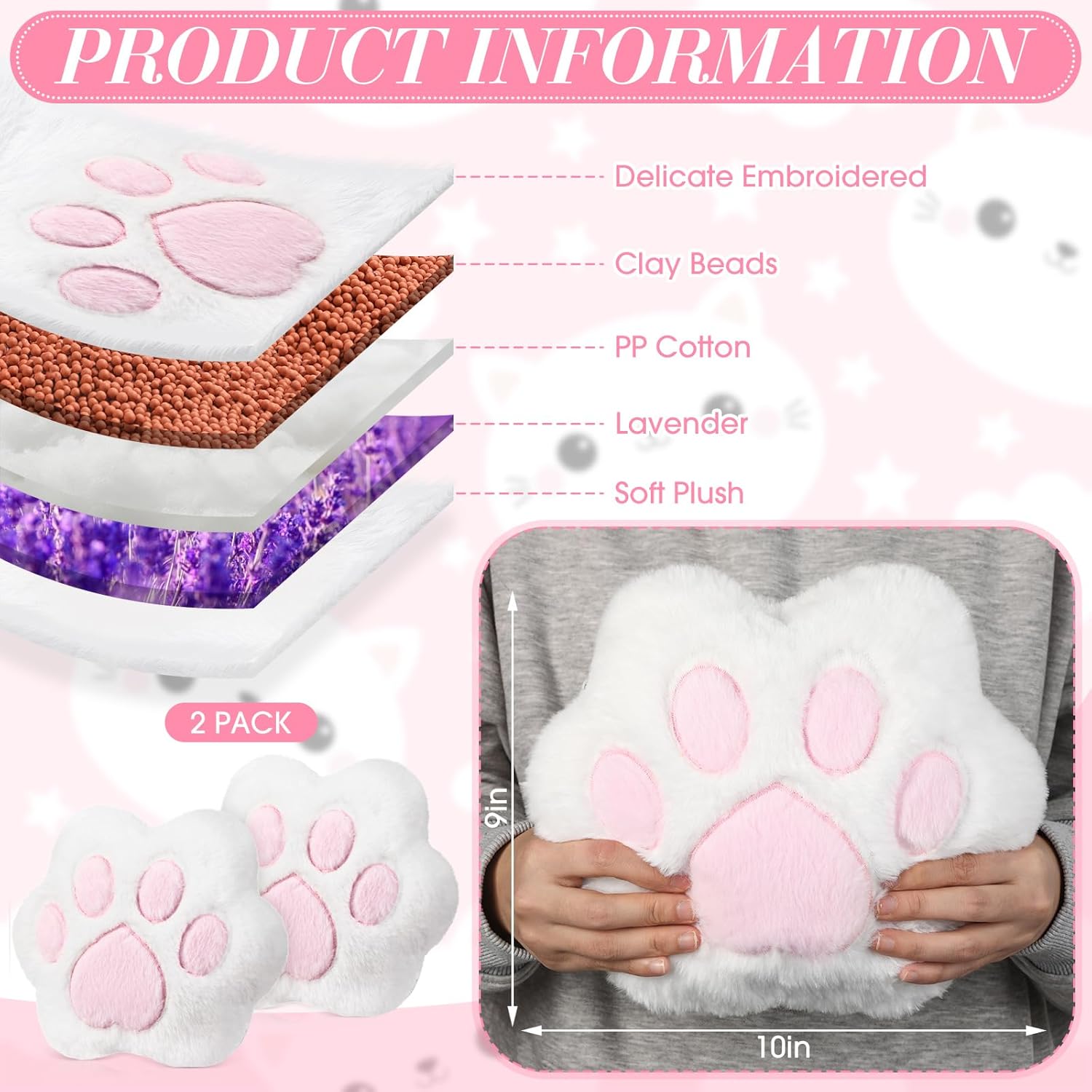 Hungdao 2 Pcs Microwave Lavender Scented Stuffed Animals Heating Cat Paw Pillow Cute Heatable Heating Pad for Period Cramps Cold Stress Reduction Hot Compress Birthday Women