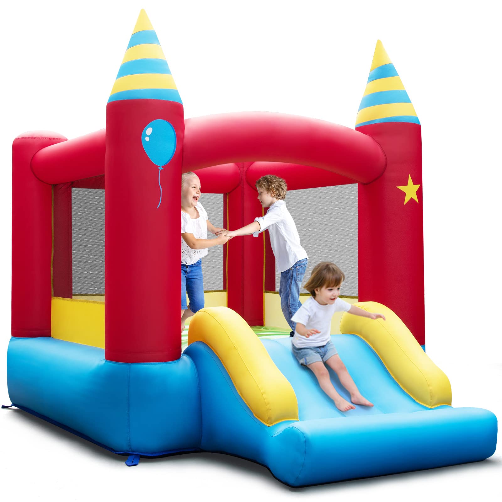 COSTWAY Kids Bouncy Castle, Inflatable Bounce House with Slide and Carry Bag, Children Blow Up Jumper for Indoor Outdoor (without blower)