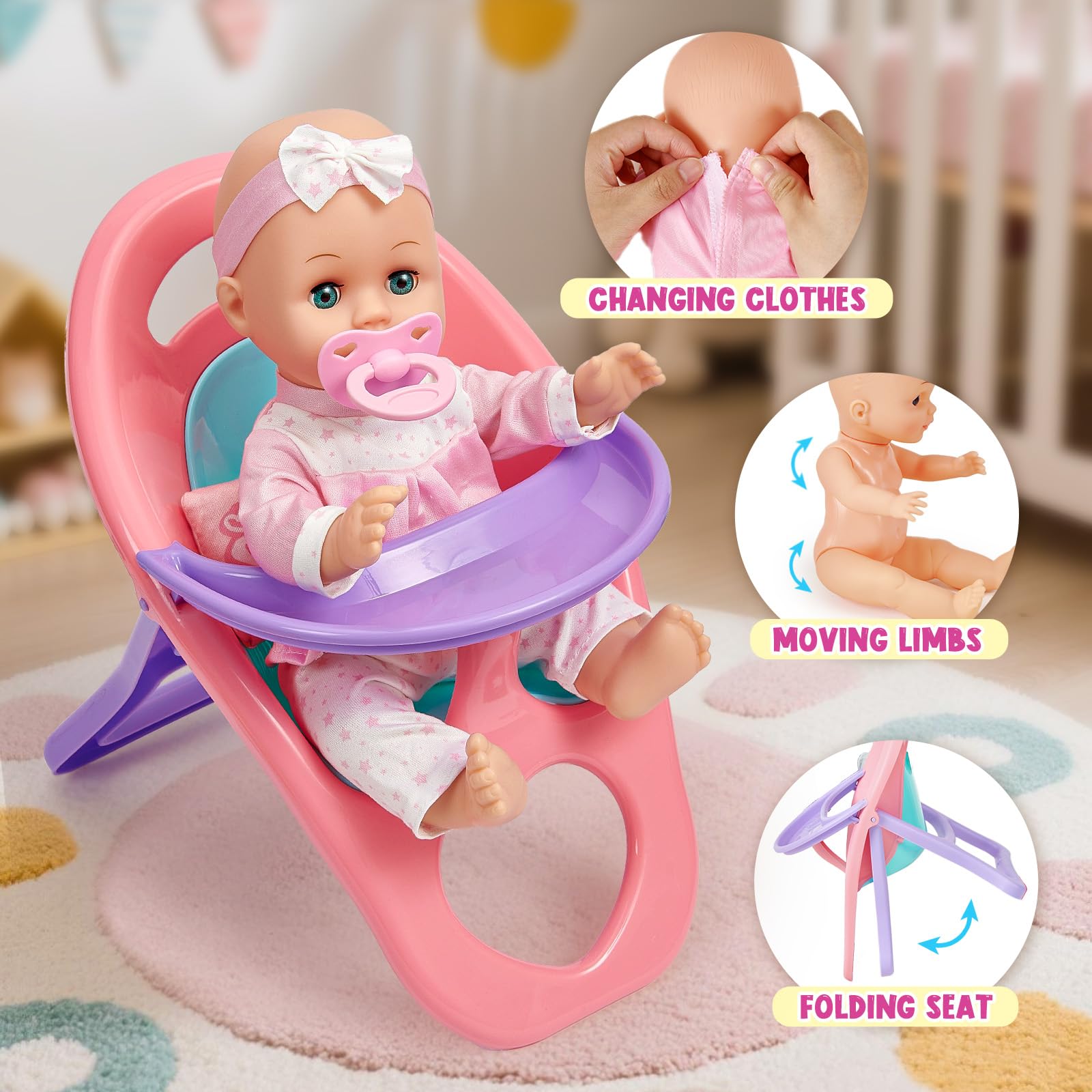 Set Complet Poupon Bébé 30 Cm – Lit Portable, Vêtements, Couches, Biberon, Tétine, Vaisselle – Cadeau Fille 1 An+