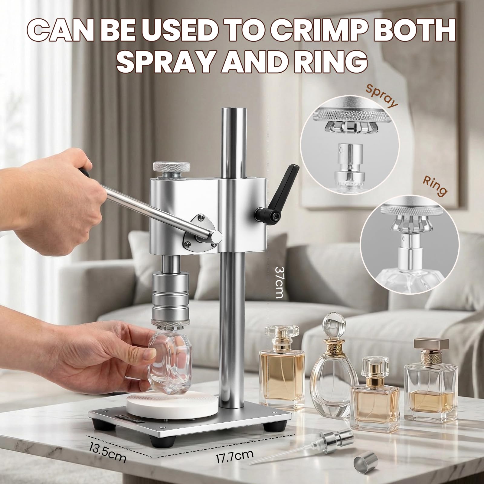 NEWTRY Herramienta manual para tapar frascos de perfume, engarzadora para frascos pulverizadores, Crimpadora para pulverizadores de 15 mm y anillos de collar, cuerpo de aleación de aluminio