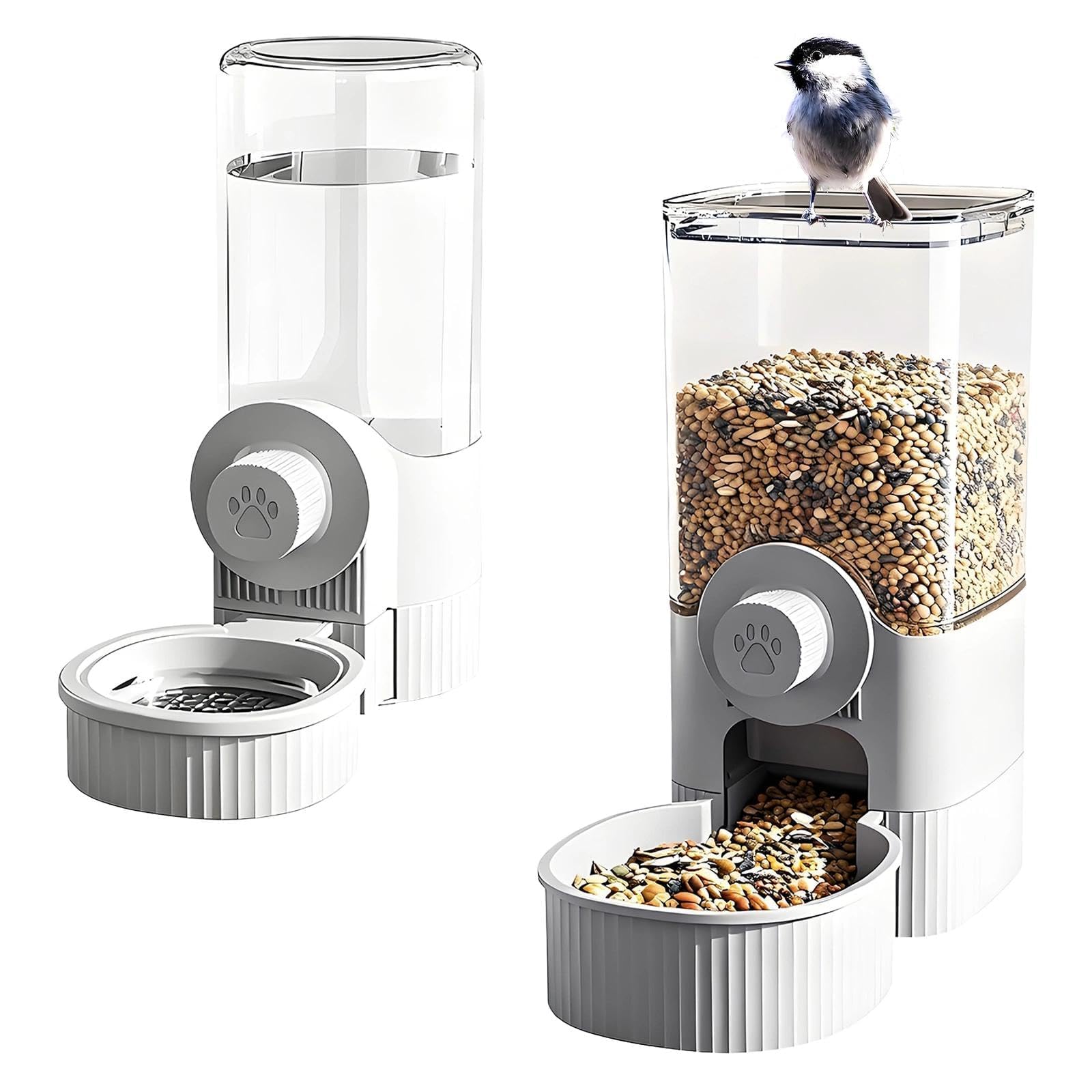 2 Pcs 520ML/1200ML No Mess Bird Feeder Water Dispenser Set, Automatic Pet Feeder, Hanging Cage Automatic Food Water Dispenser, for Puppies, Cats, Ferrets, Bunnies, Guinea Pigs, and Small Pets, Grey