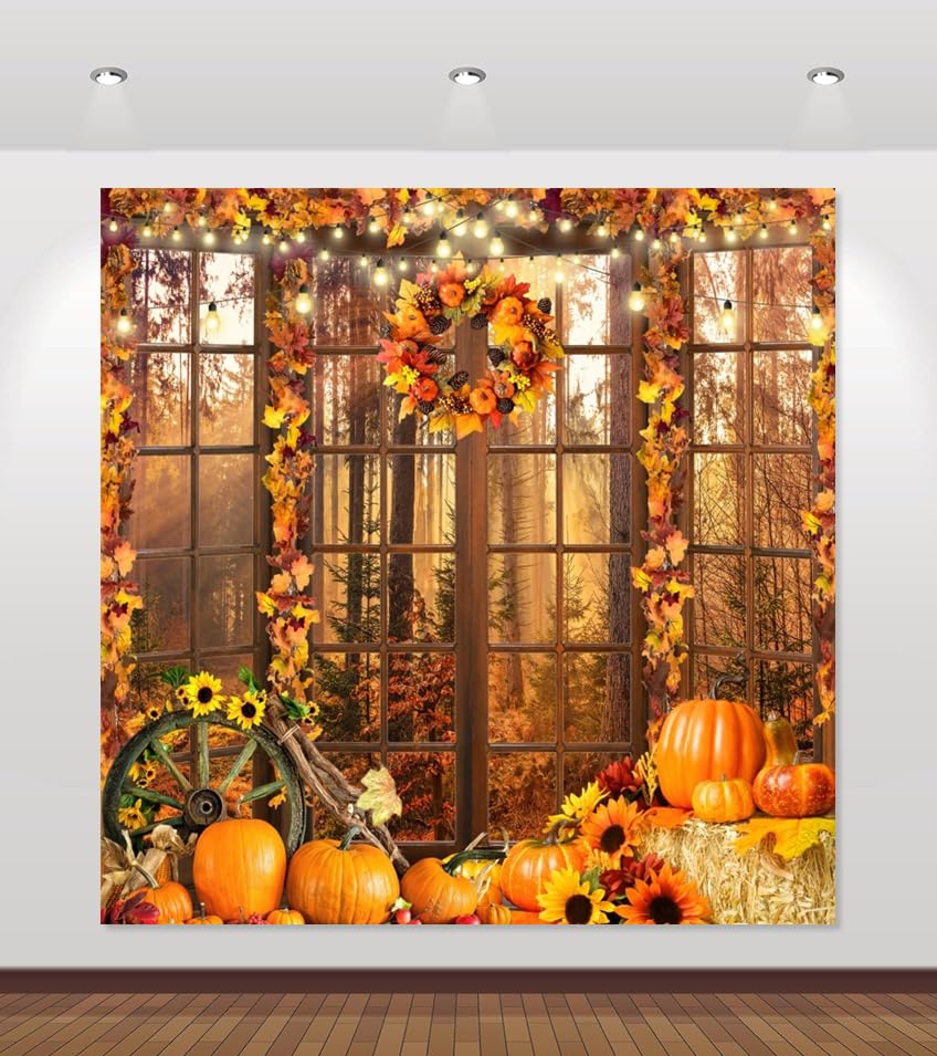 Fall Backdrop 10x10ft Autumn Forest Window Thanksgiving Background Pumpkin Hay Maple Leaves Harvest Friendsgiving Fall Festival Backdrop for Pictures