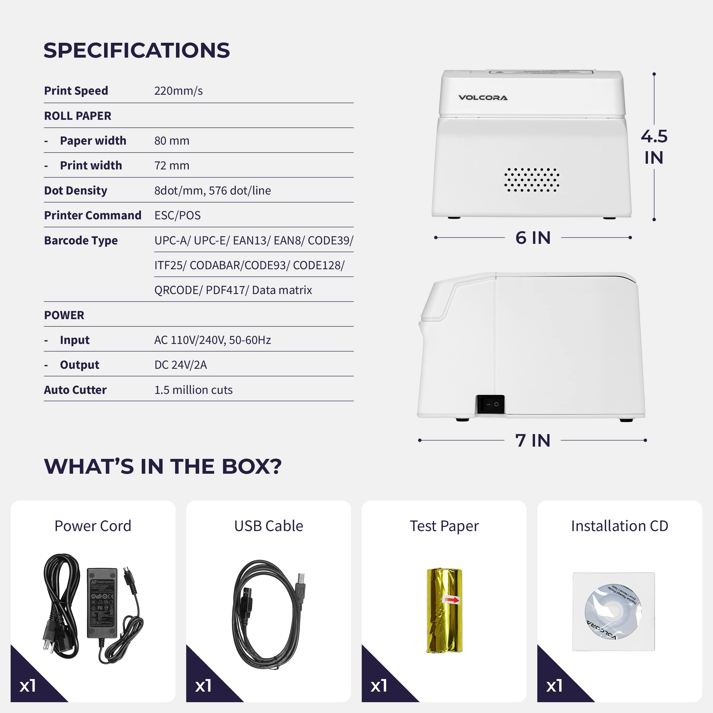 Volcora Imprimante de reçus Thermique POS 80 mm, Blanc, Monochrome, USB/Bluetooth, ESC/POS, Coupeur Automatique, Vitesse Max 220 mm/s, Compatible Windows/Mac/Linux, Garantie à Vie limitée