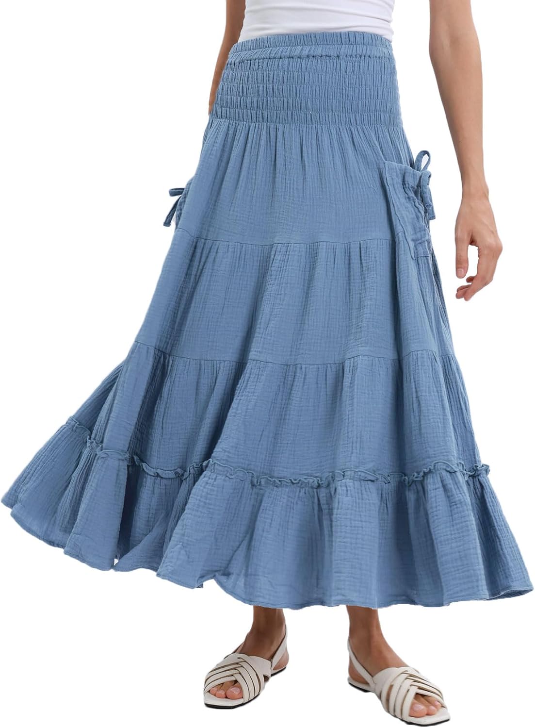 Amazhiyu Womens Maxi Boho Skirt Summer Flowy Renaissance Skirt with Pockets