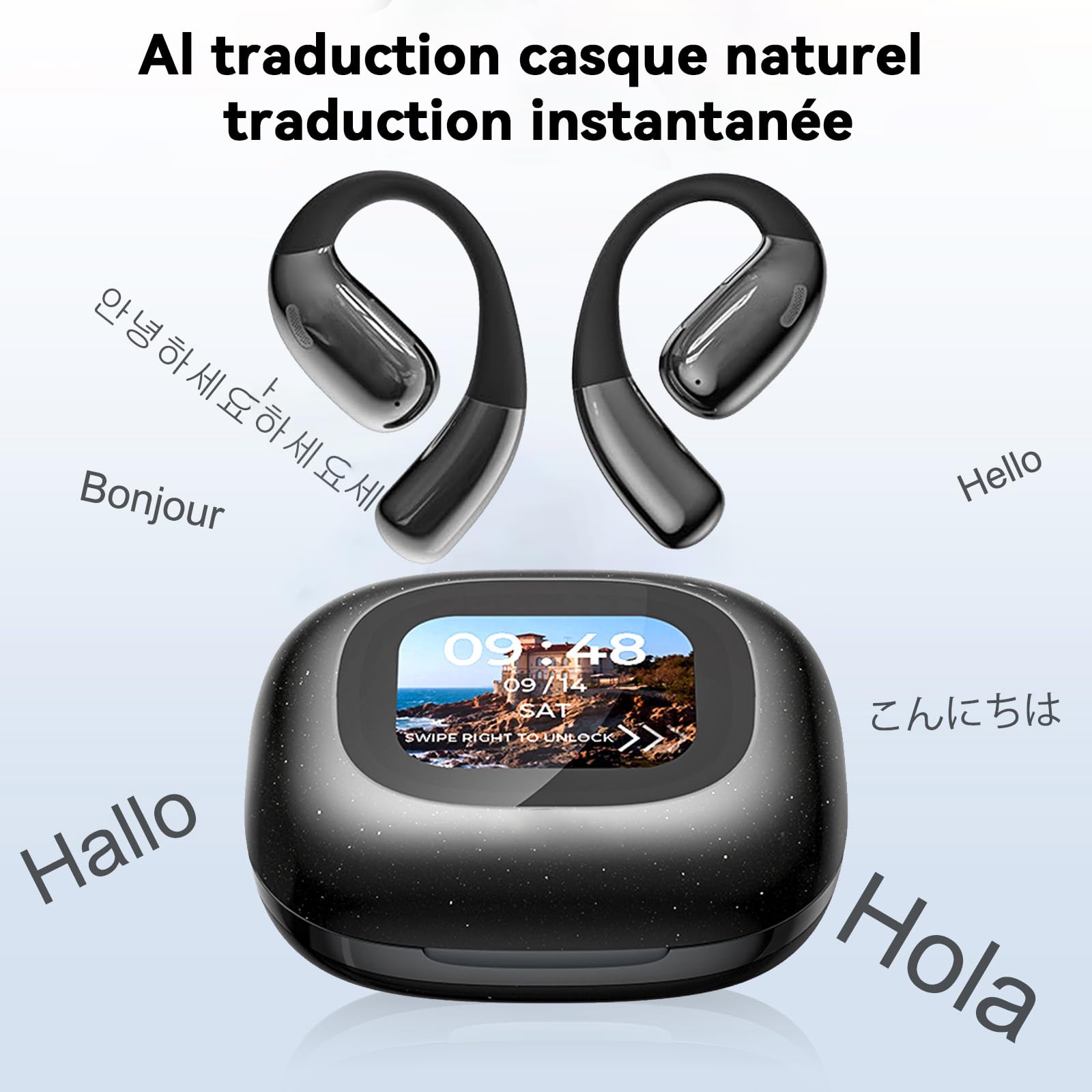 AI Écouteur Traducteur Instantané, Écouteur traducteur Vocal Temps Réel Bluetooth avec écran de Couleur LCD Touch, sans Fil Réduction du Bruit Oreillette, 144 Langues