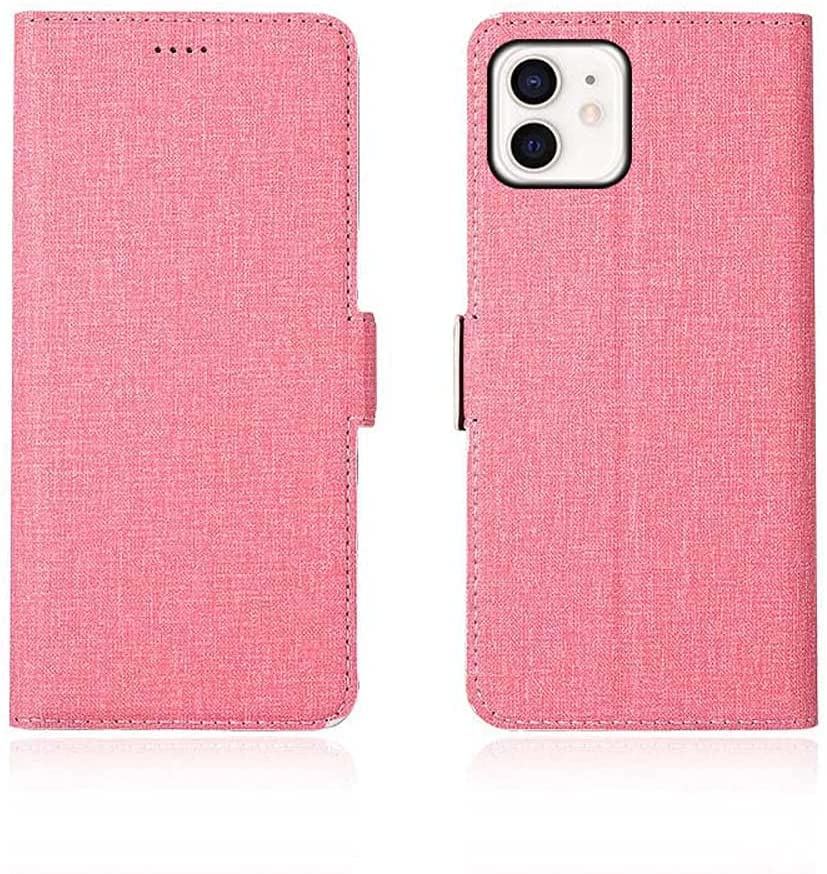 Housse Apple iPhone 12 2020 étui folio rose protection coton lin 6,1 pouces