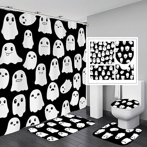 Mocsicka Juego de cortinas de ducha de Halloween para baño, 4 piezas de fantasmas espeluznantes de Halloween con alfombras antideslizantes, cubierta