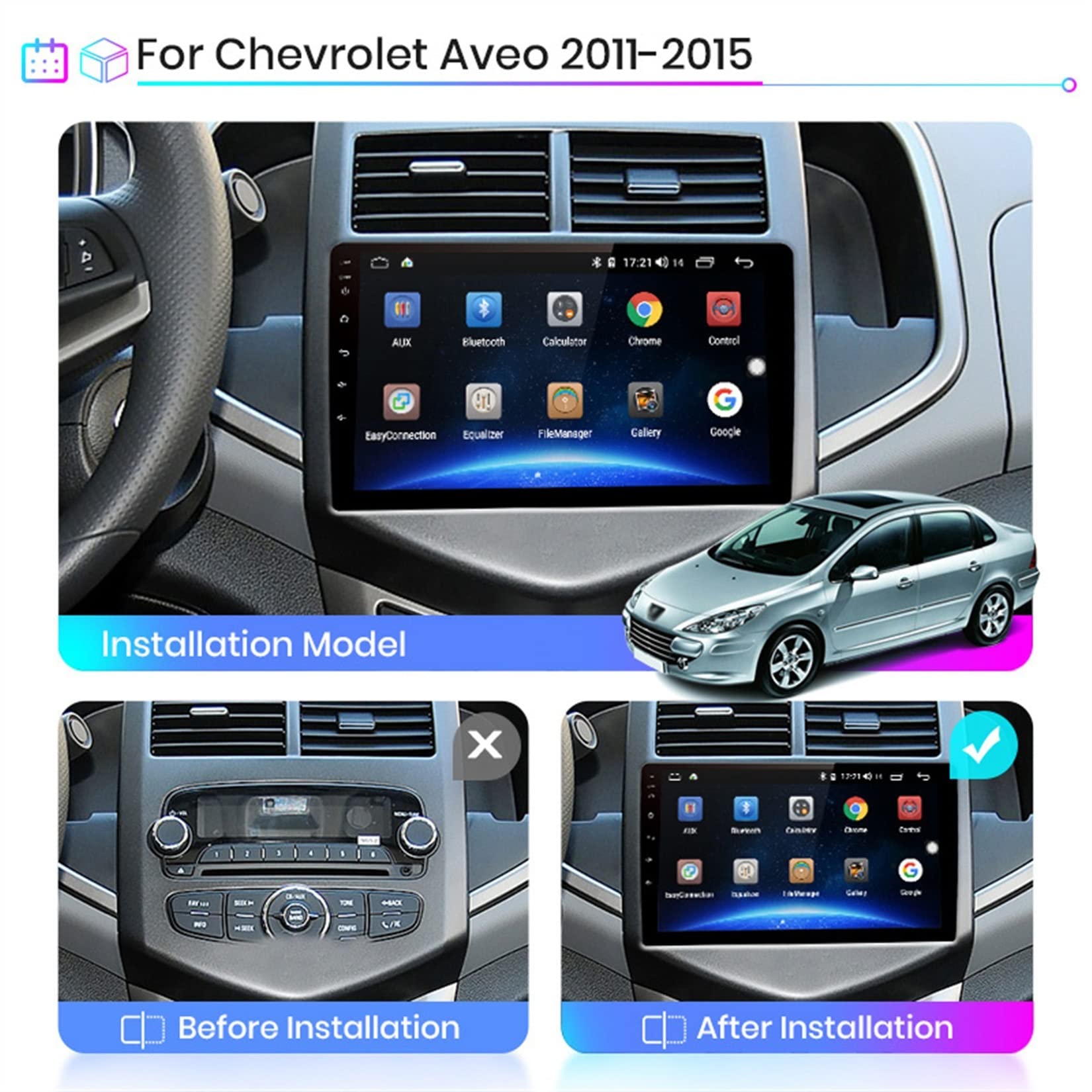 Android Car Sat Nav Radio De Coche con Pantalla Táctil De 9 Pulgadas para Chev-rolet Aveo 2011-2015 Android Auto Doble DIN con Navegación GPS Soporte FM Bluetooth Cámara De Respaldo Mirror Link (