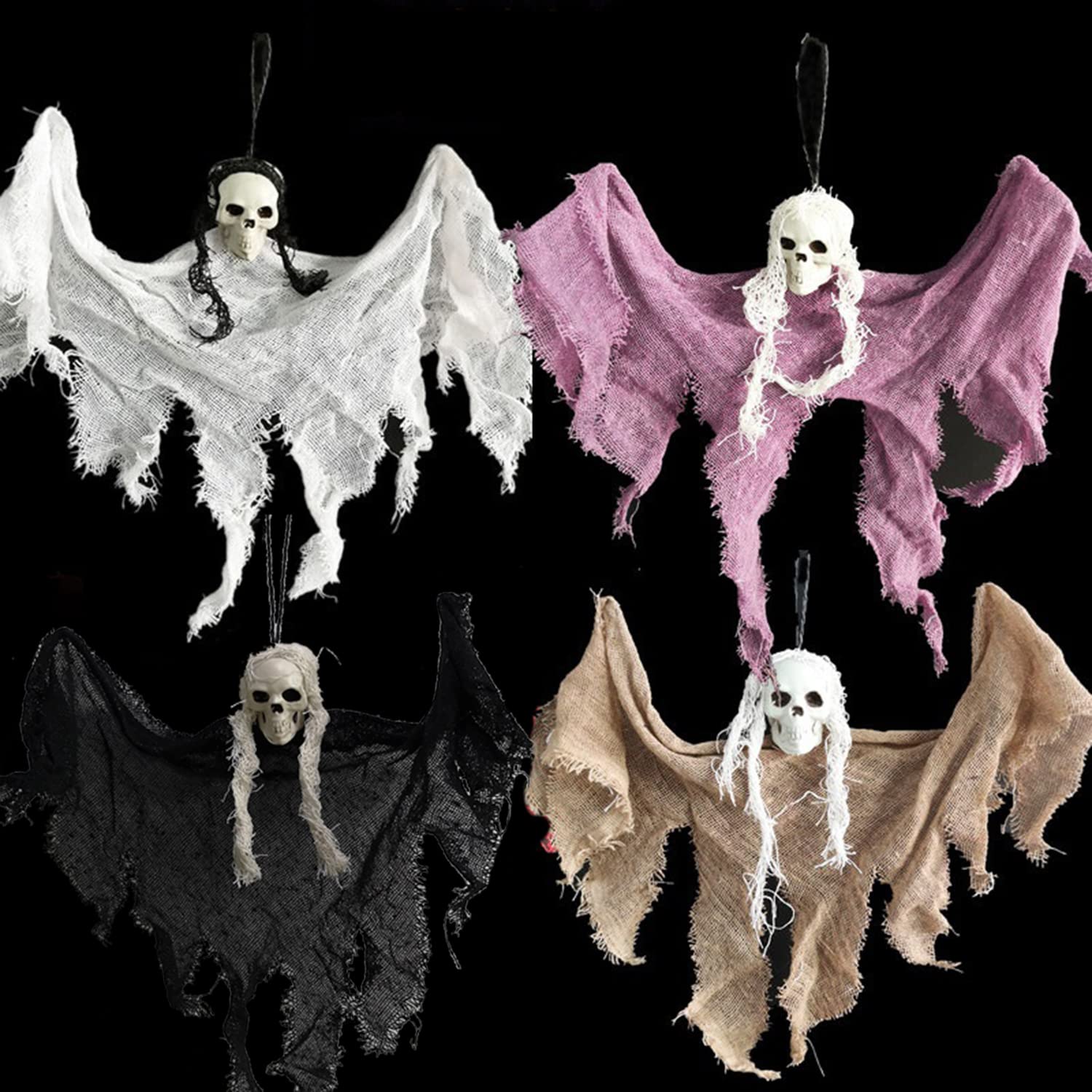 Nauze White/Purple/Black 4 Pieces Halloween Hanging Skeleton Ghosts Decoration Hanging Grim Reapers Halloween Party Hanging Props Decoration