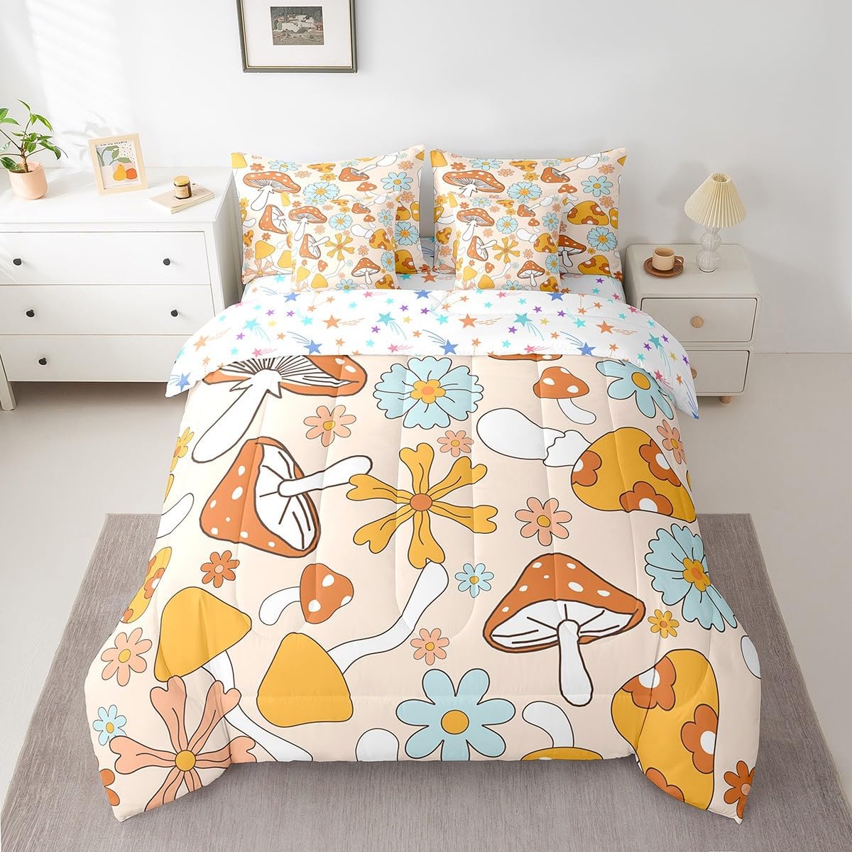 Feelyou Retro Hippie Flower Bedding Set Full 60S 70S Groovy Floral Comforter Set 7 Pieces Geometric Vintage Abstract Botanical Bed in a Bag Blue Plaid Bed Set with Comforter, Sheet Set, Pillowcases