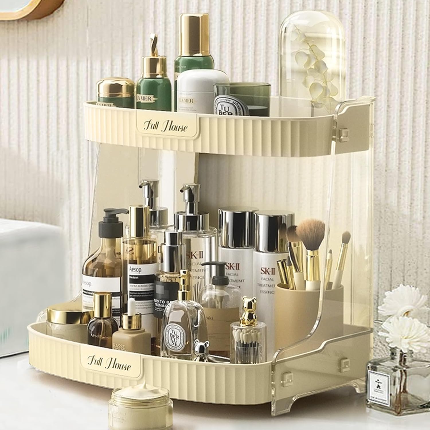 PIKFOS Premium Double Layer Makeup Organizer, Large Makeup Display Cases, Waterproof and Dustproof Cosmetics Storage Display Box Case, Great for Bathroom Countertop Bedroom