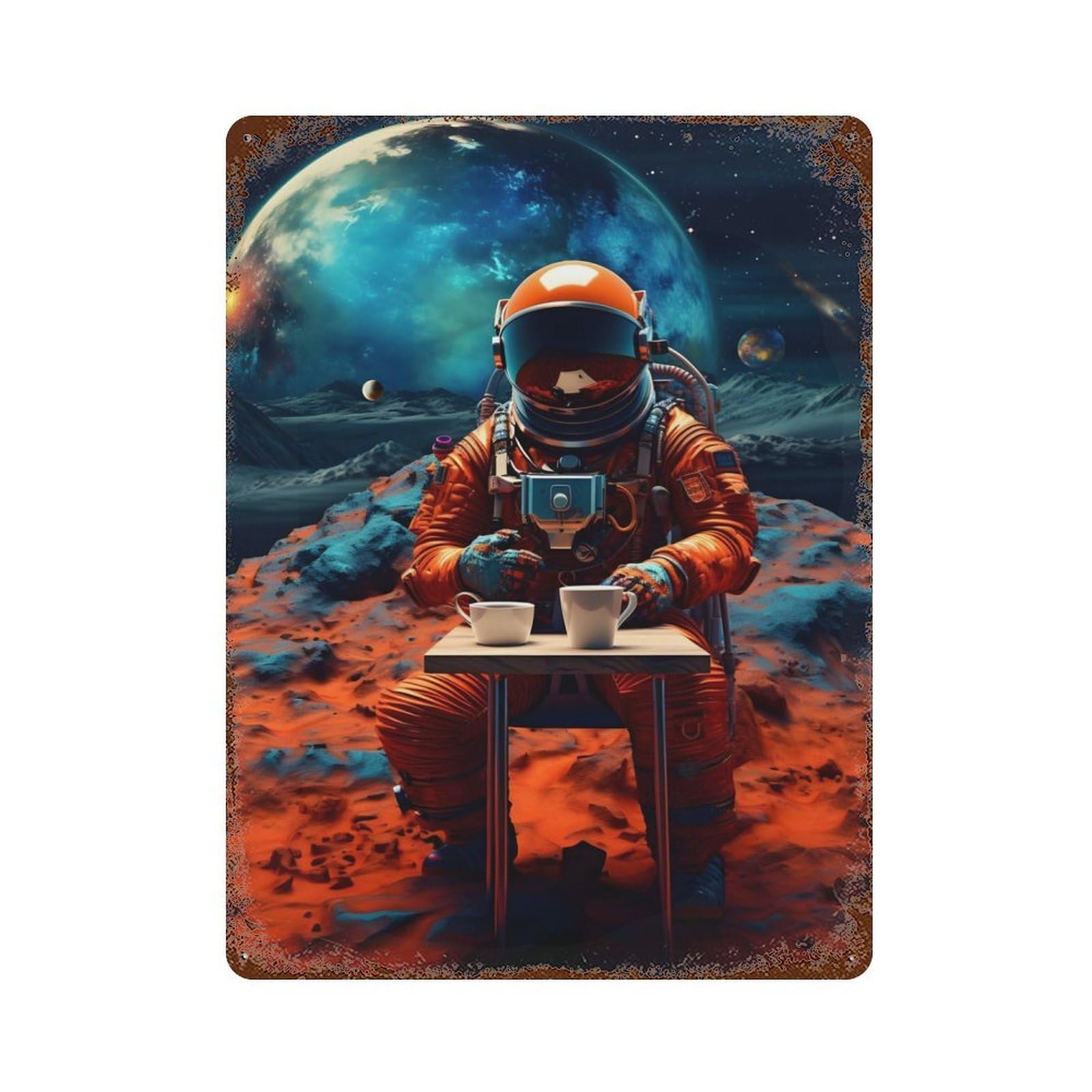 Astronaut Coffee Space 15.7"x11.8" Vintage Rust Metal Sign, Shabby Chic Decor for Garage, Bar And Workshop Decor