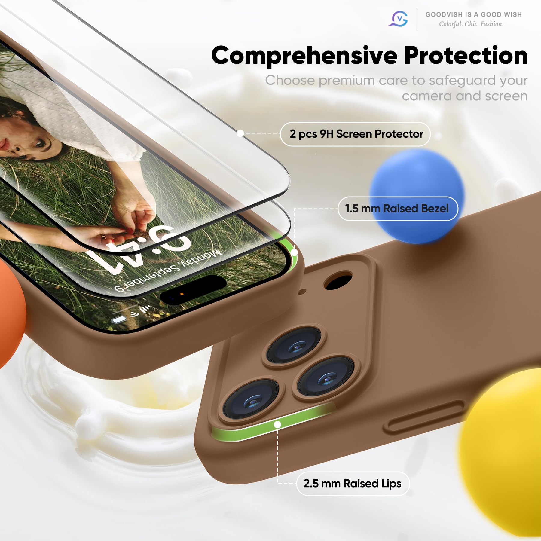 GOODVISH Silicone Cover per iPhone 17 Pro 6.3", Custodia con 2x Vetro Temperato [Pulsante Controllo Fotocamera] 360° Protezione Anticaduta Case per Cellulare Antiurto Resistente, Marrone