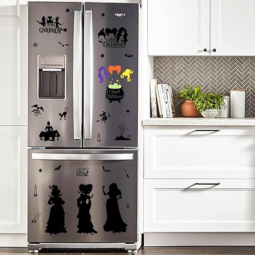 Miniatura 6 de Decoraciones de Hocus Pocus, calcomanías de ventana de Halloween, 9 hojas, 91 piezas de calcomanías de Hocus Pocus de doble cara, calcomanías de