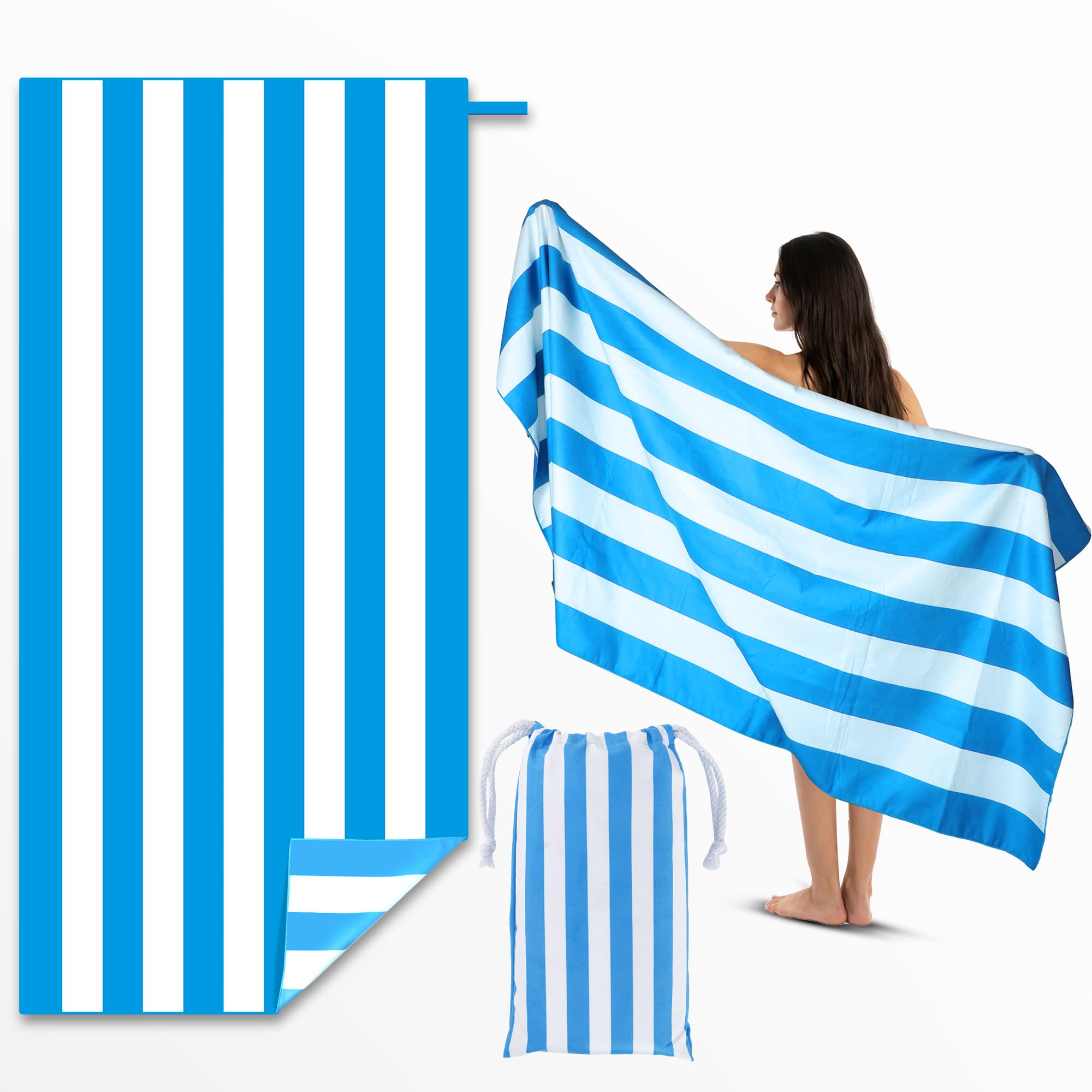 Anavasi Microfibre Beach Towels for Adults - 1 Pack 180 x 90 cm with Drawstring Bag, Quick Dry, Lightweight, Sand Free, Extra Large 100% Recycled for The Beach (Stripe Blue) โ image 1