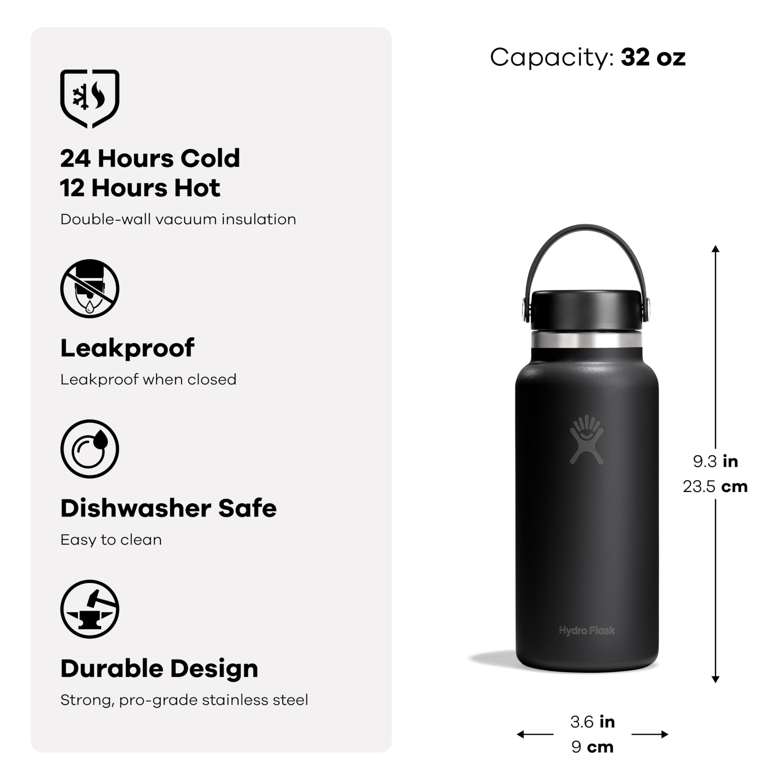 Hydro Flask Wide Mouth Water Bottle with Flex Cap, 32 oz Capacity