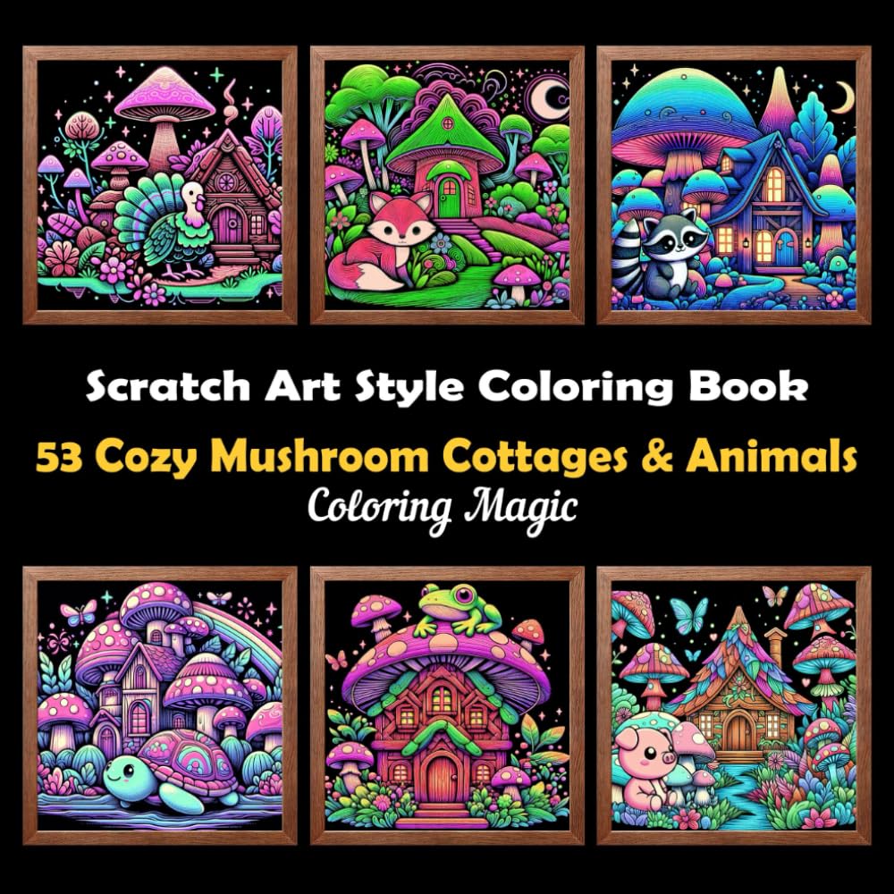 53 Cozy Mushroom Cottages & Animals: Stress Relief Scratch Art Style Coloring Book for Adults & Teens, with Black Background, Mindfulness Relaxation (Midnight Black Background Coloring Series)