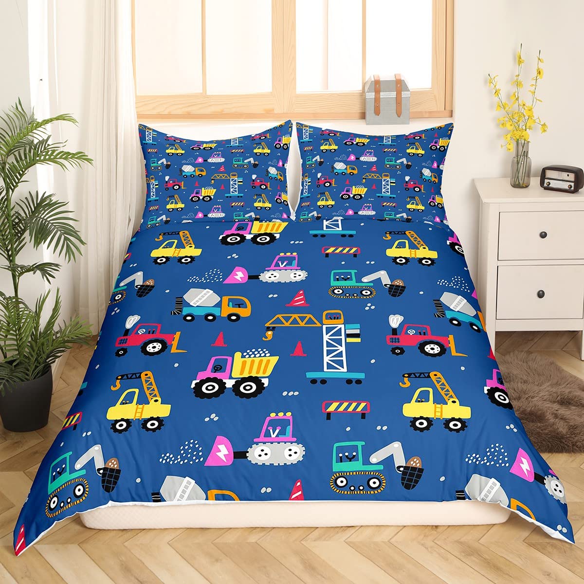 Loussiesd Cartoon Construction Bedding Set Kids Excavator Duvet Cover for Kids Boys Vehicles Comforter Cover Tractor Blue Duvet Cover Single Size - Image 3