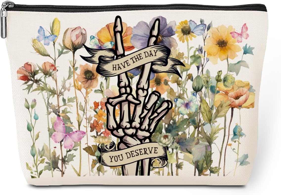 Mental Health Makeup Bag Inspirational Cosmetic Bag Skeleton Floral Toiletry Bag Stress Relief Gifts for Christmas Birthday Mental Health Awareness Gift for Therapist Psychologist Counselor Women