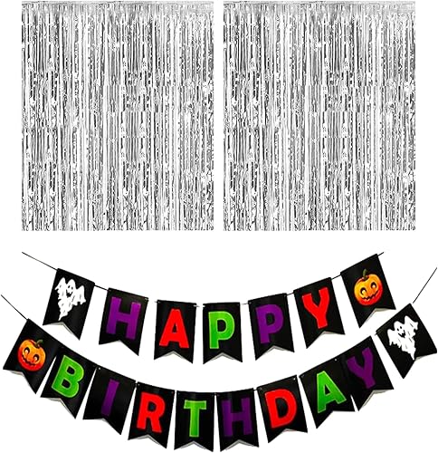 2 cortinas de fondo de flecos de papel de aluminio plateado y 1 juego de pancarta de cumpleaños de Halloween, cortinas de fondo de serpentina,