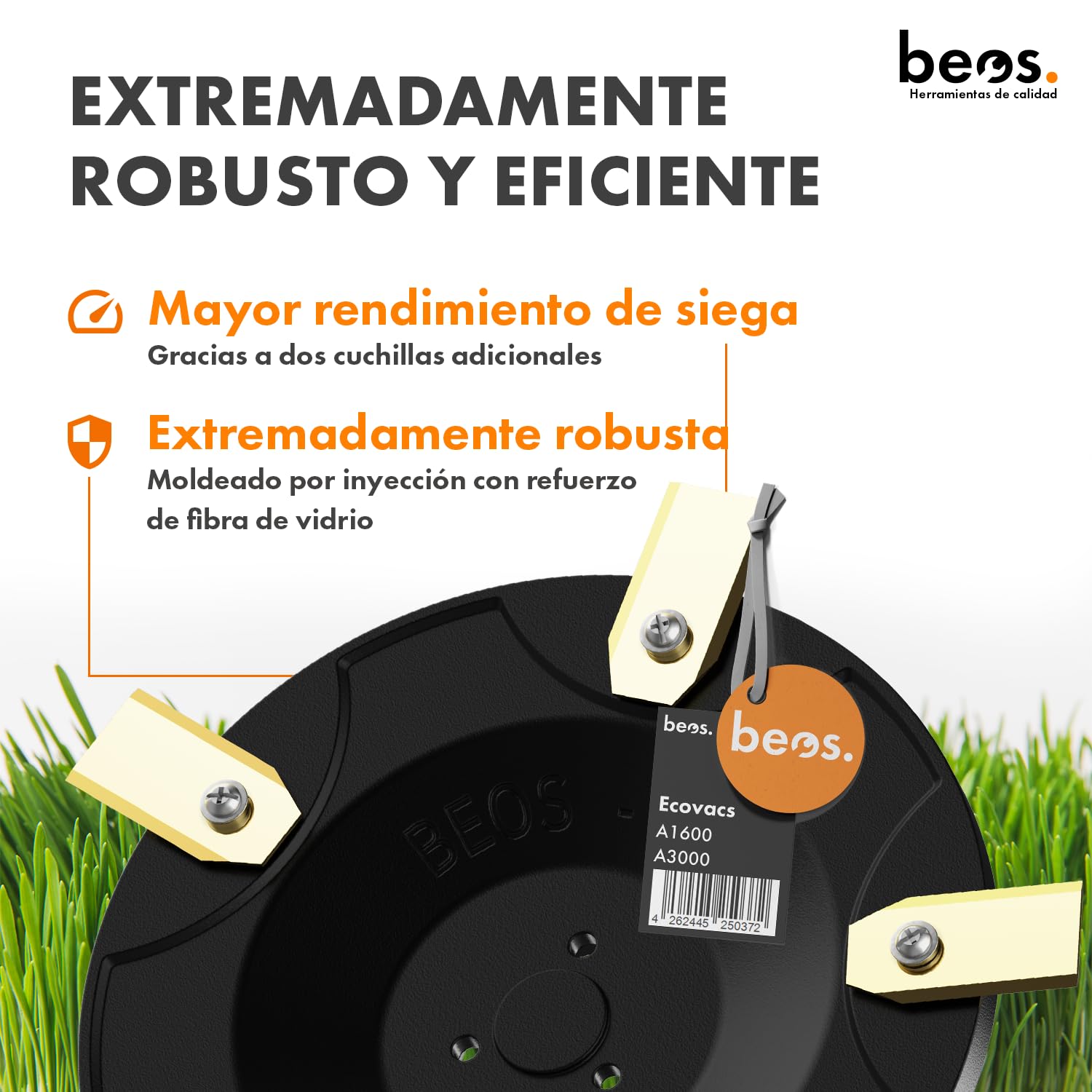 BEOS Ajuste del robot cortacésped Premium: 2 discos con cuchillas para 6 cuchillas. Para Ecovacs GOAT A1600 y A3000. Discos con cuchillas reforzados con fibra de vidrio. Ø 140 mm.