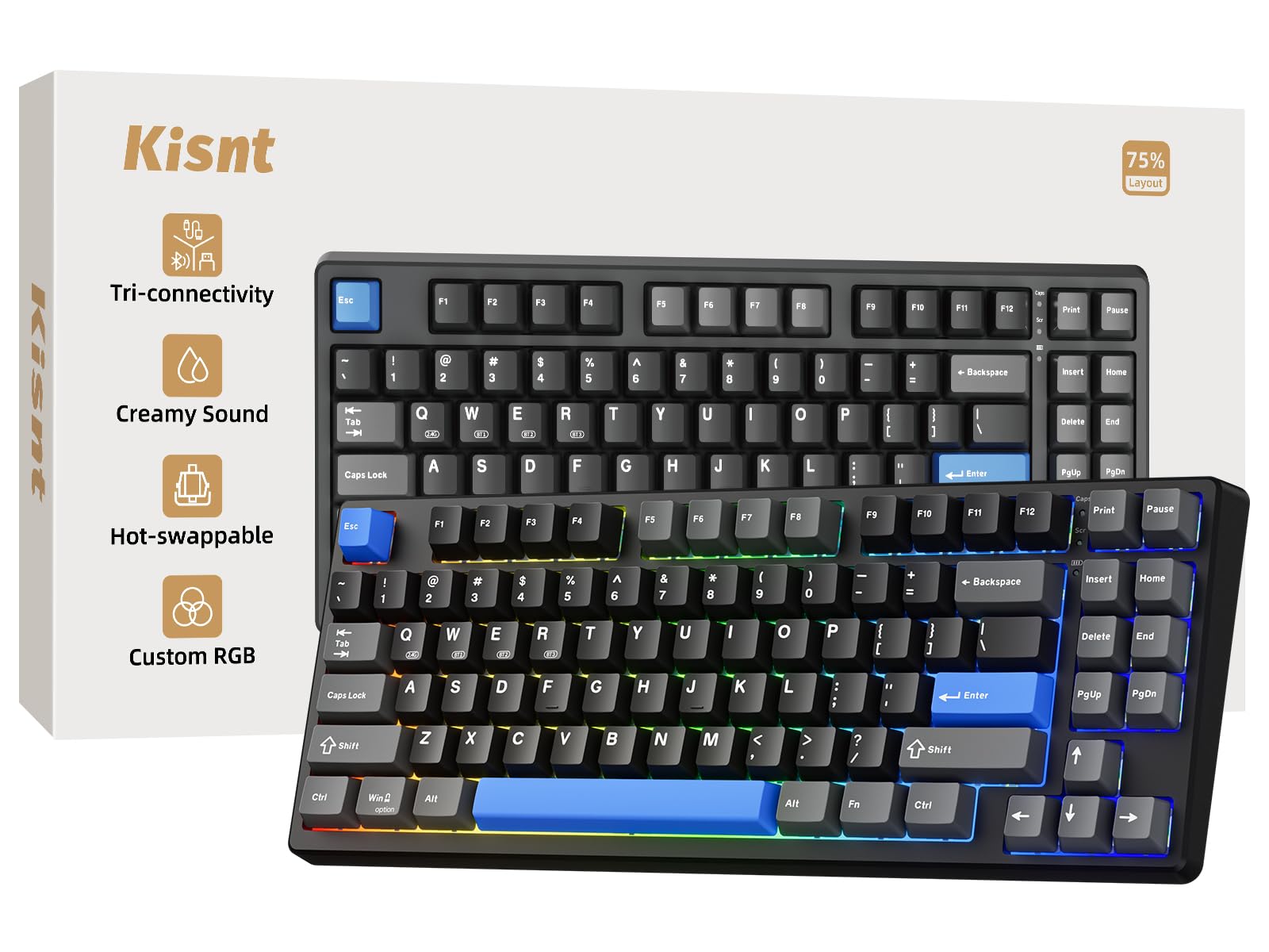 Kisnt Tastiera meccanica wireless, guarnizione montata con suono cremoso, Bluetooth/2,4 GHz/USB-C, hot swap personalizzato, retroilluminazione RGB, layout compatto al 75% per gaming/digitazione/Win