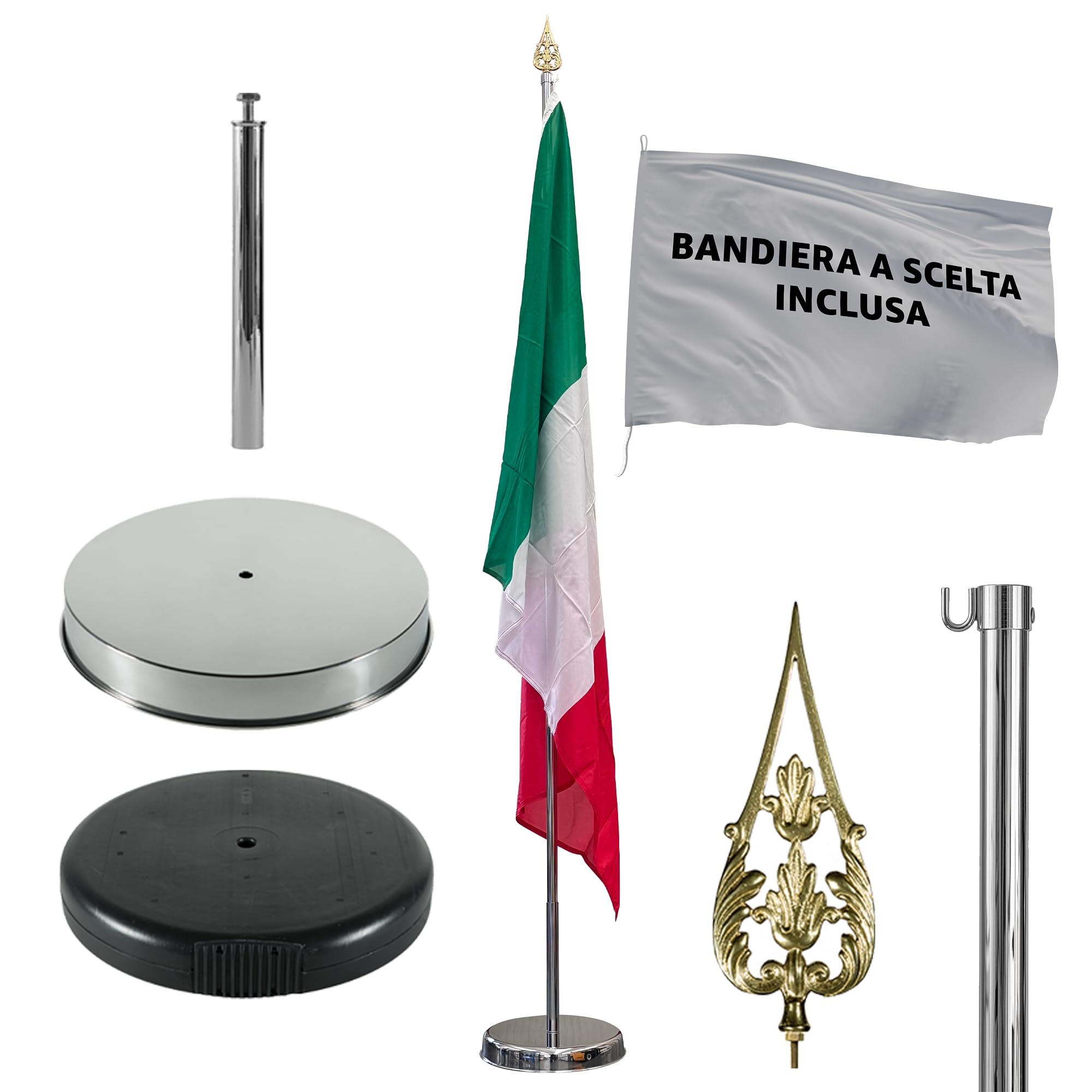 AL PRODUCTION Kit Asta e Bandiere Personalizzate per Interno - Bandiera Personalizzata in Tessuto Nautico 115 gr/mq 100x150 cm, 1 Asta da 200 cm in Acciaio e base 4 kg - Made in Italy
