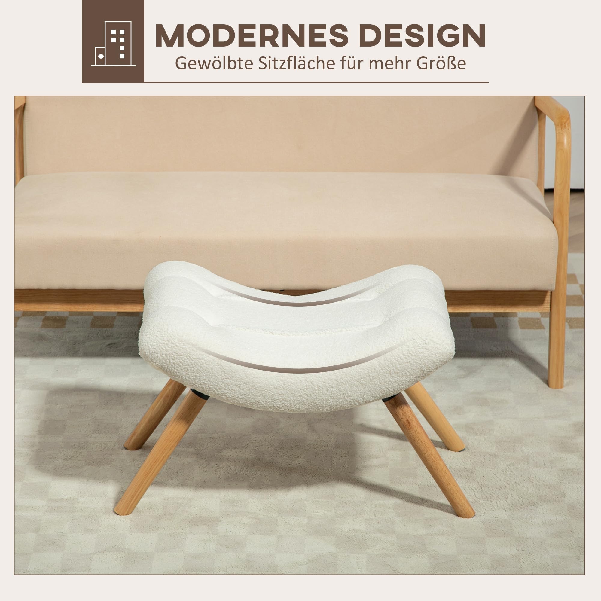 HOMCOM Sitzhocker Hocker mit weichem Sitzkissen Holzbeinen Fußhocker mit Berberfleece-Stoff Polsterhocker Ottoman für Schlafzimmer, Wohnzimmer, Cremeweiß