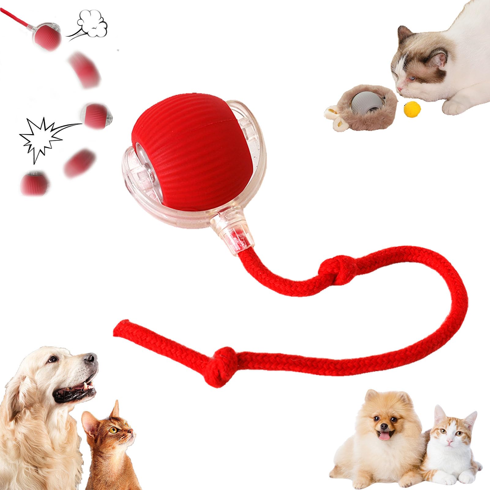 2 PCS Pet Smart Chase Ball, 360° Interactive Cat Ball Toys for Indoor Cats & Dogs, Pet Chase Toy with String, Smart Automatic Rotating Rolling (Red)