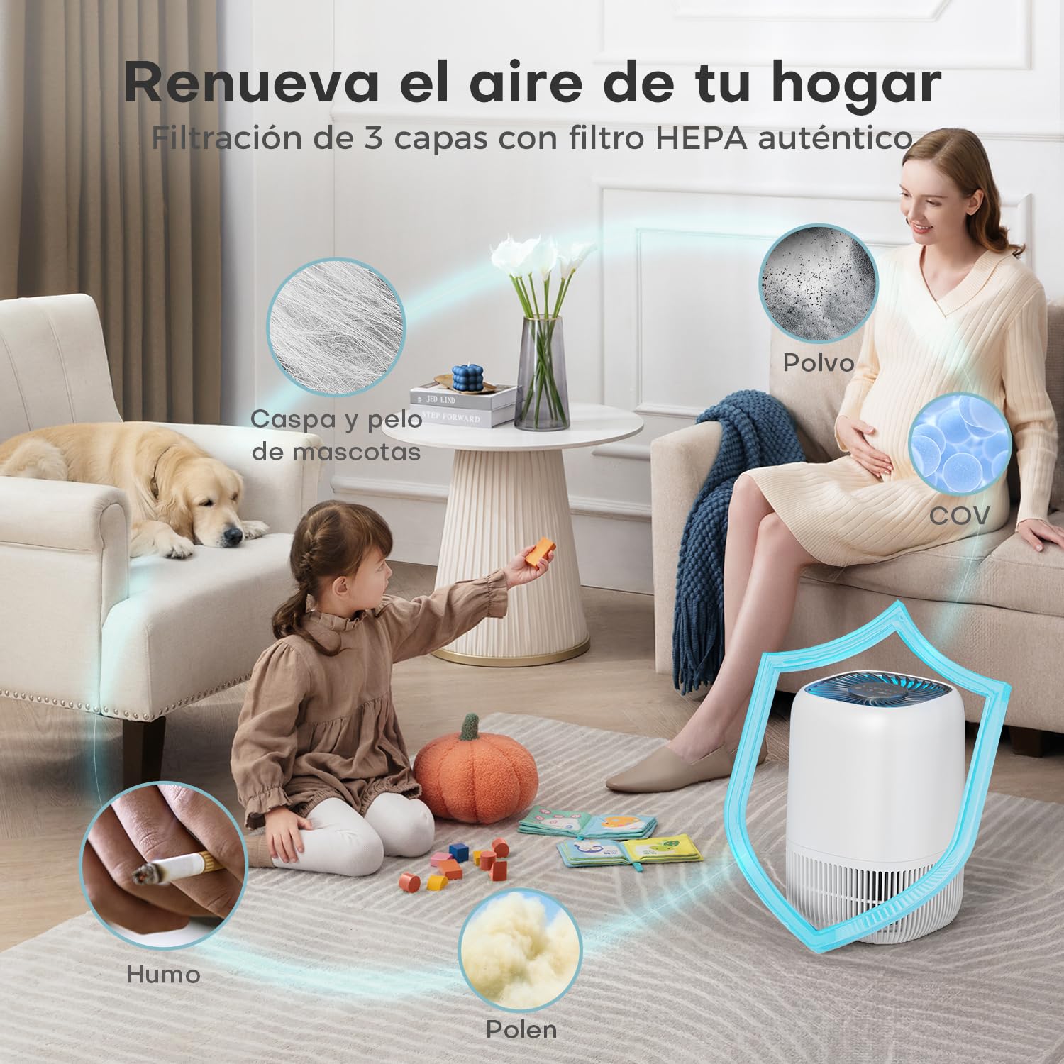 AROEVE Purificador de Aire con Filtro HEPA H13 de 3 Etapas, con un Consumo de Energía de tan solo 5W, Silencioso a 22db con Aroma, Combate el Polen, el Humo y el Pelo de Mascotas