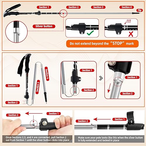Miniatura 3 de Bastones de senderismo plegables para senderismo, bastones de senderismo ligeros y plegables, paquete de 2 bastones de aluminio ajustables para