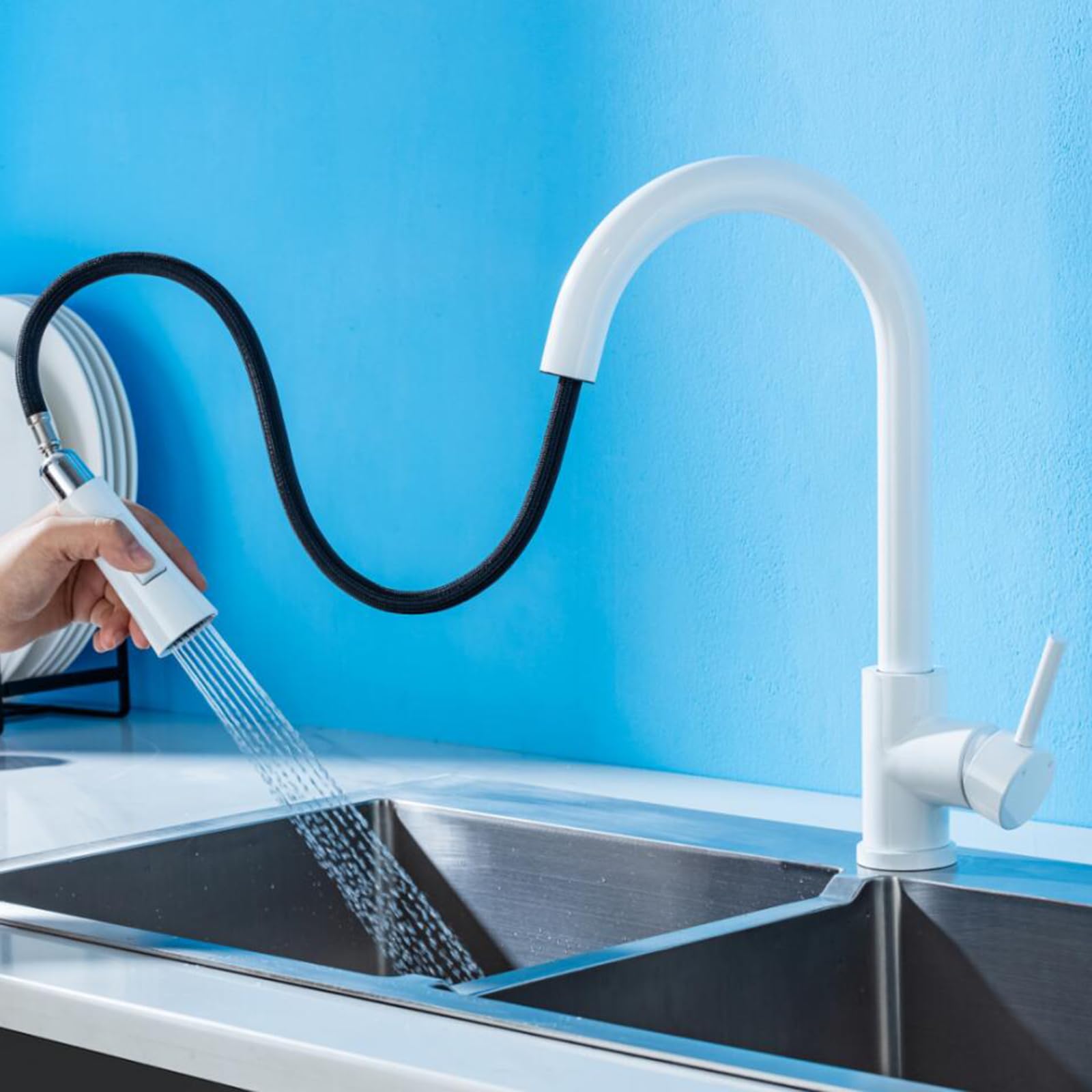 Grifo Mezclador Moderno para baño y Cocina con rociador extraíble, Acero Inoxidable Blanco, 2 Modos de Agua fría y Caliente, Monomando, Blanco