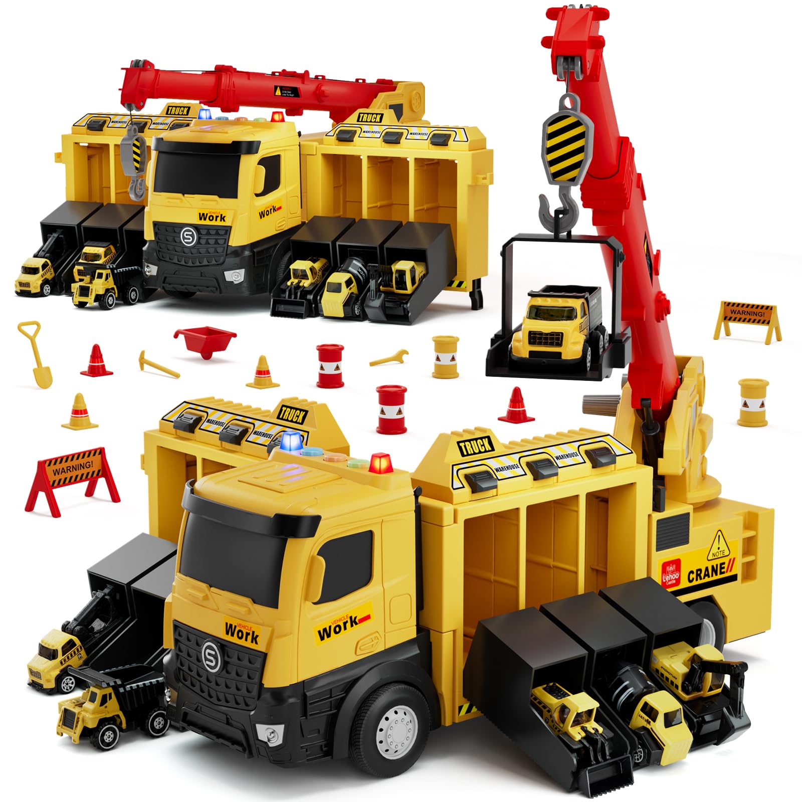 Lehoo Castle Camión de Juguete con Grúa Luz y Sonido, Vehículos de Construcción Regalo para Niños de 3 4 5 6 Años, Garaje Coches Juguete con 6 Mini Excavadora Tractor y Piezas de Construcción