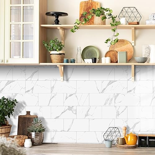 Miniatura 3 de Azulejos contra salpicaduras, azulejos de despegar y pegar para cocina, baño, ducha, pared, azulejos de imitación de mármol blanco, azulejos blancos