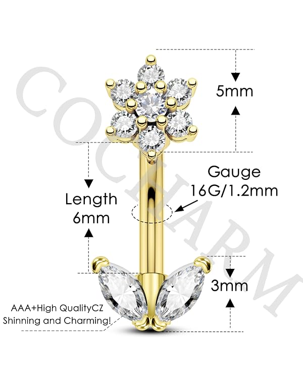 COCHARM Cute Flower Rook Piercing Jewelry Gold 16g 6mm Short Earrings for Women Stainless Steel Dainty Bar by COCHARM - Used condition - Image 5