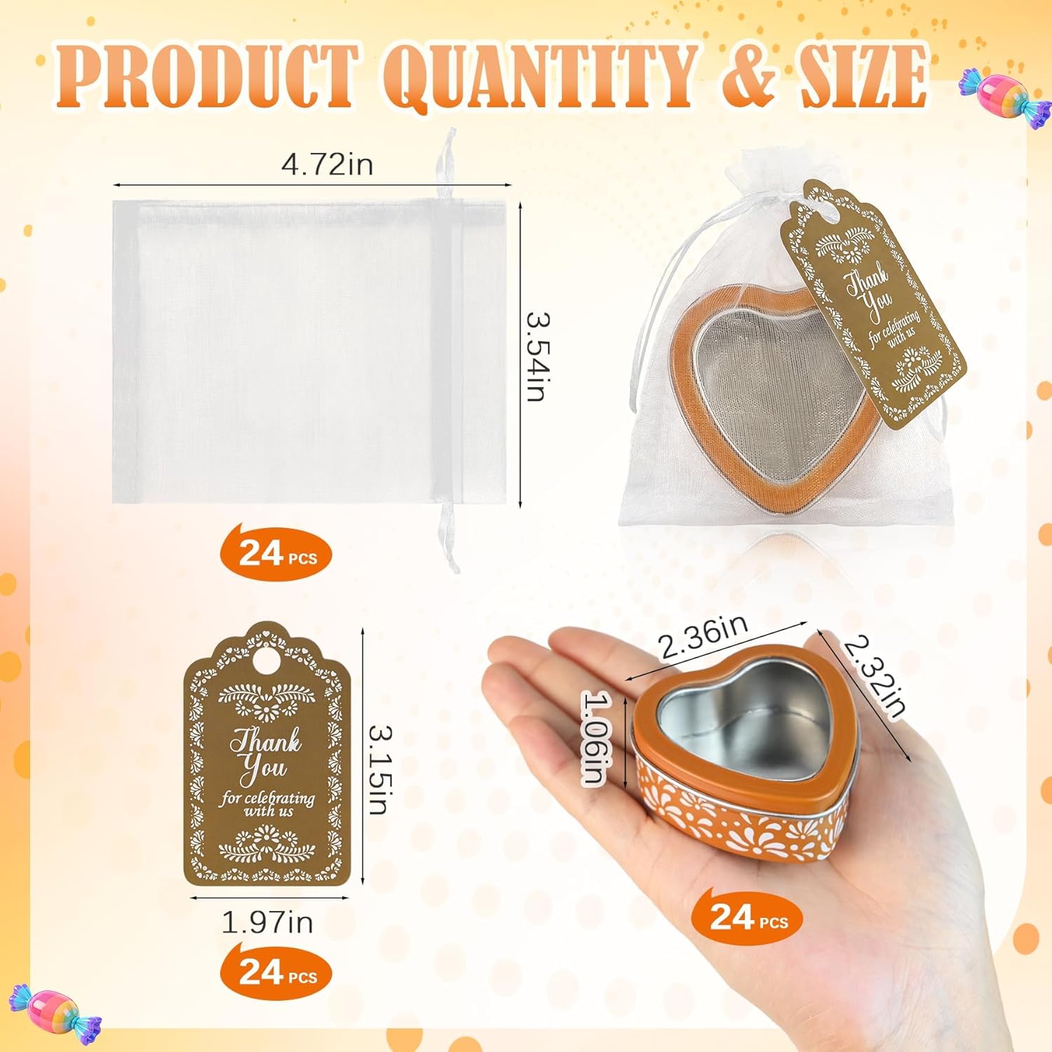 24 Pcs Mexican Heart Shaped Tins with Clear Lids Organza Bags Thanks Cards De Barro Mexicanos Empty Candle Candy Boxes Cielito Lindo Party Decorations for Storage Wedding Gifts Fiesta Party Favors